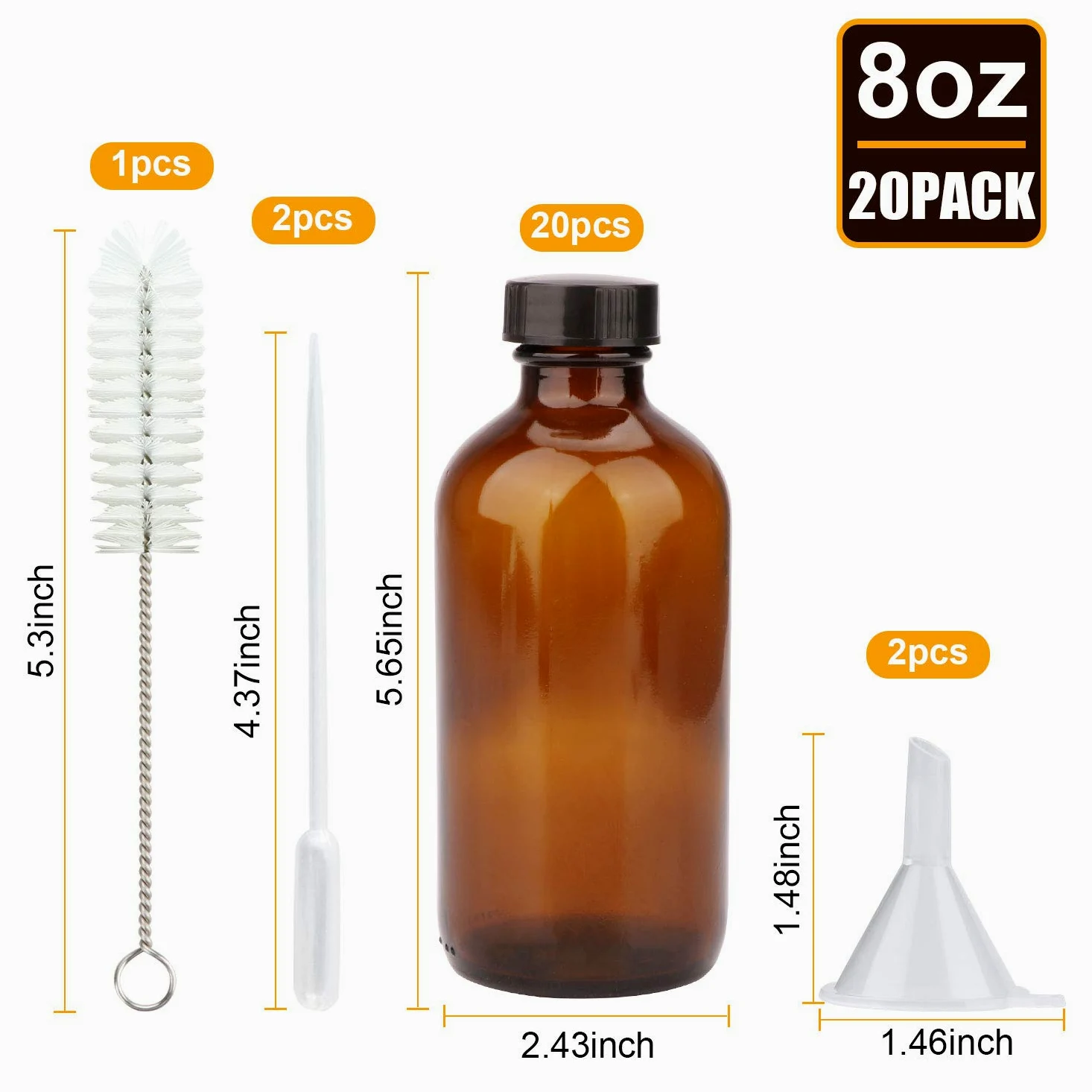 Butelka z przezroczystego szkła, wielokrotnego użytku, szklane butelki z hermetyczną pokrywką do szamponu, odżywki, olejków eterycznych, zestaw 20 sztuk (brązowa)