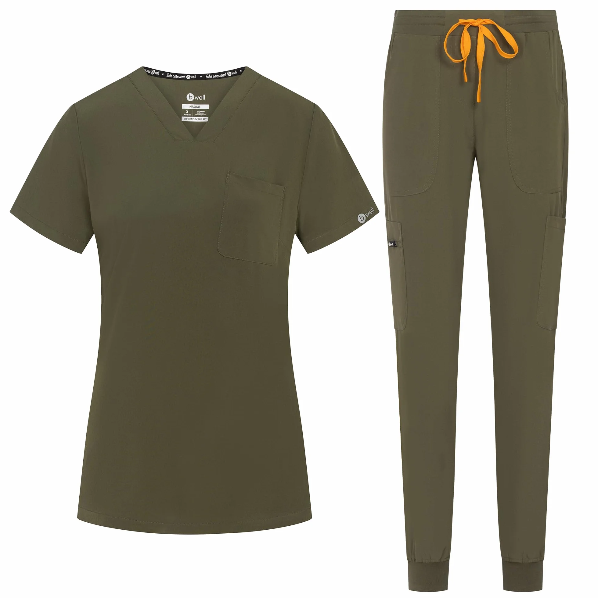 B-well Naomi Damen-Schrubb-Set Schlupfkasack + Schlupfhose Set Medizin Arzt Uniform Schlupfjacke Oberteil mit Hose Medizinische Berufsbekleidung mit Elastan (Olive, M)