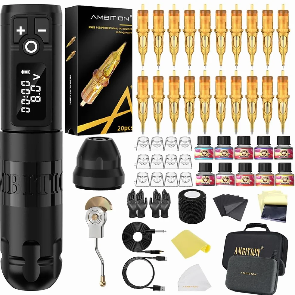 Ambition Soldier Tattoo Machine Kit Kompletny zestaw do tatuażu z obrotowym bezprzewodowym długopisem z 20 szt. igłami Glory Tattoo Cartridge Needles