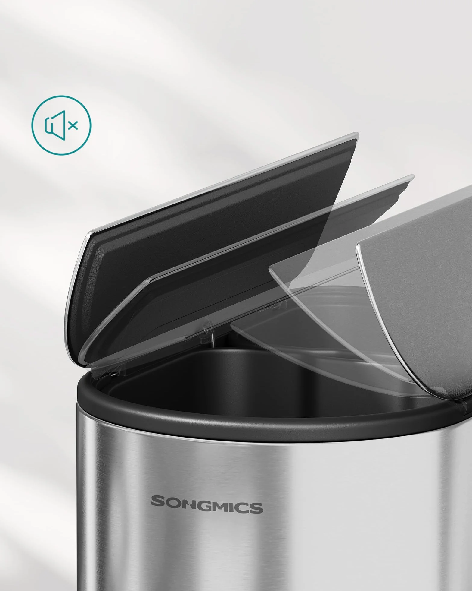 SONGMICS Podwójny kosz kuchenny, 30 l i 20 l, podwójna komora, wąski kosz do recyklingu i odpadów, kosz na pedały z pokrywkami skrzydeł, metaliczny srebrny LTB570E50