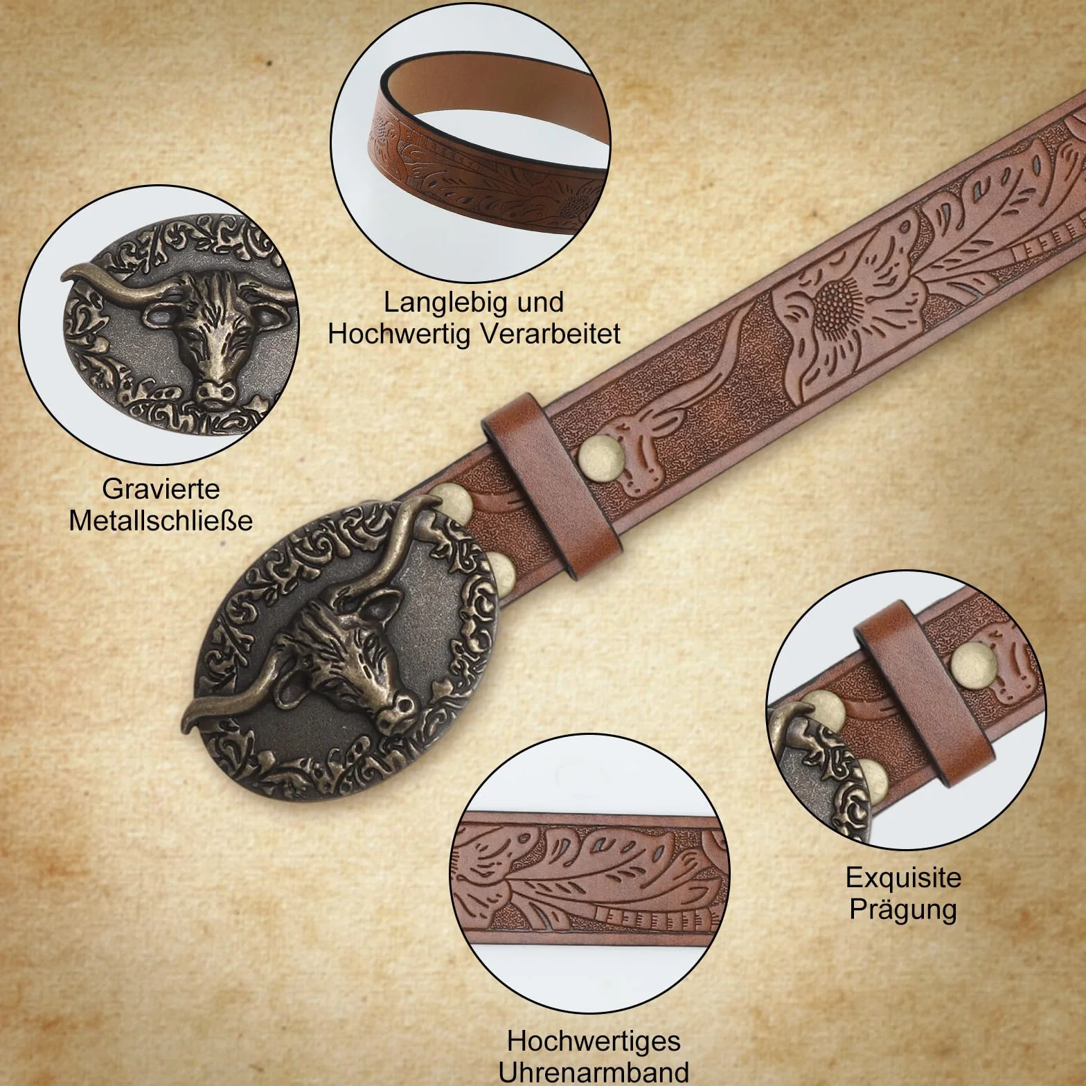 Pasek kowbojski męski z klapką - pasek western damskie kowbojskie z mosiądzową klamrą Longhorn Bull, kwiatowym wzór, brązowy, damskie w stylu country na jeansy, na co dzień, na imprezę, prezent