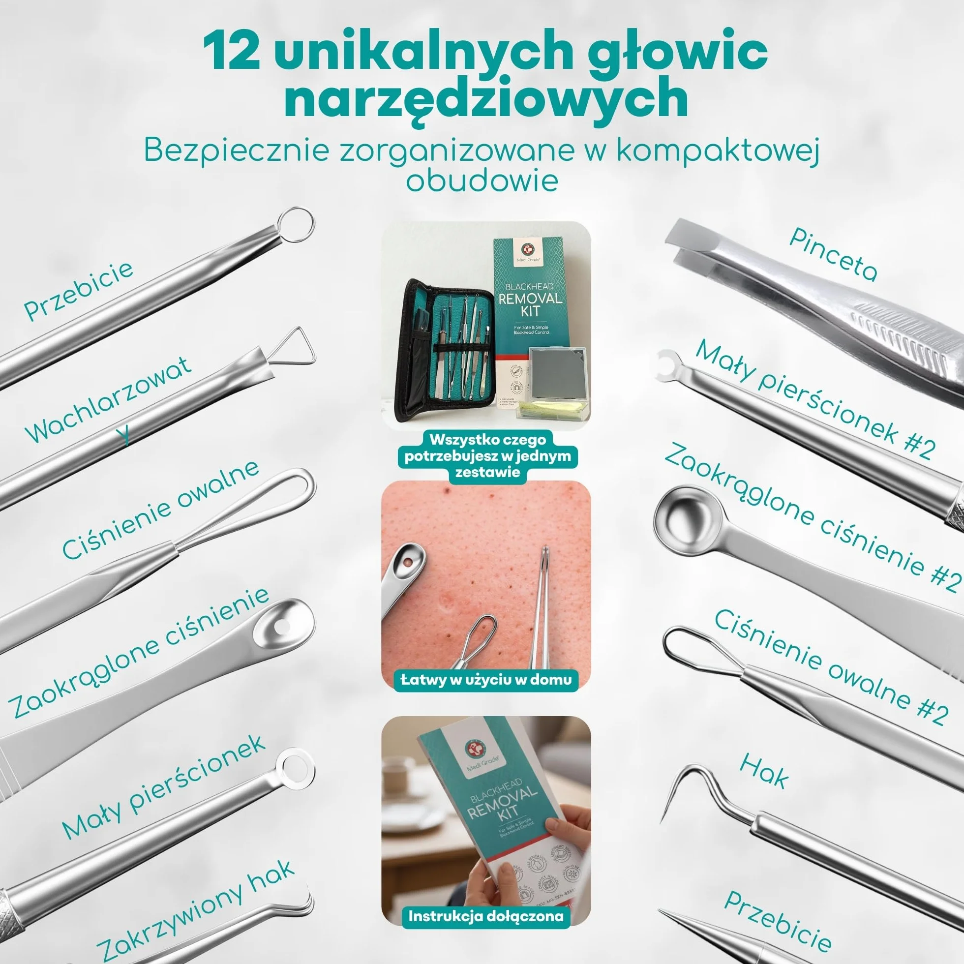 Zestaw do Usuwania Zaskórników 7 Szt., Medi Grade Zestaw do Wyciskania Pryszczy ze Stali Nierdzewnej, Przyrząd do Usuwania Zaskórników, Wągrów, Pryszczy i Więcej, Zestaw do Oczyszczania Twarzy