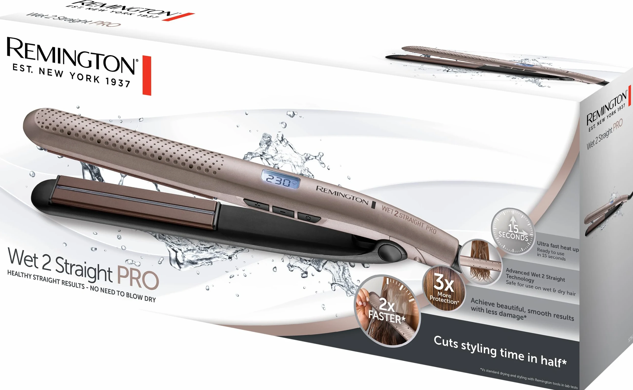 Remington prostownica do włosów, na suche i mokre włosy, otwory odparowują nadmiar wody, czujnik wilgoci, zakres temp 150-230°C, obrotowy przewód, etui, brązowa, Wet2Straight PRO S7970