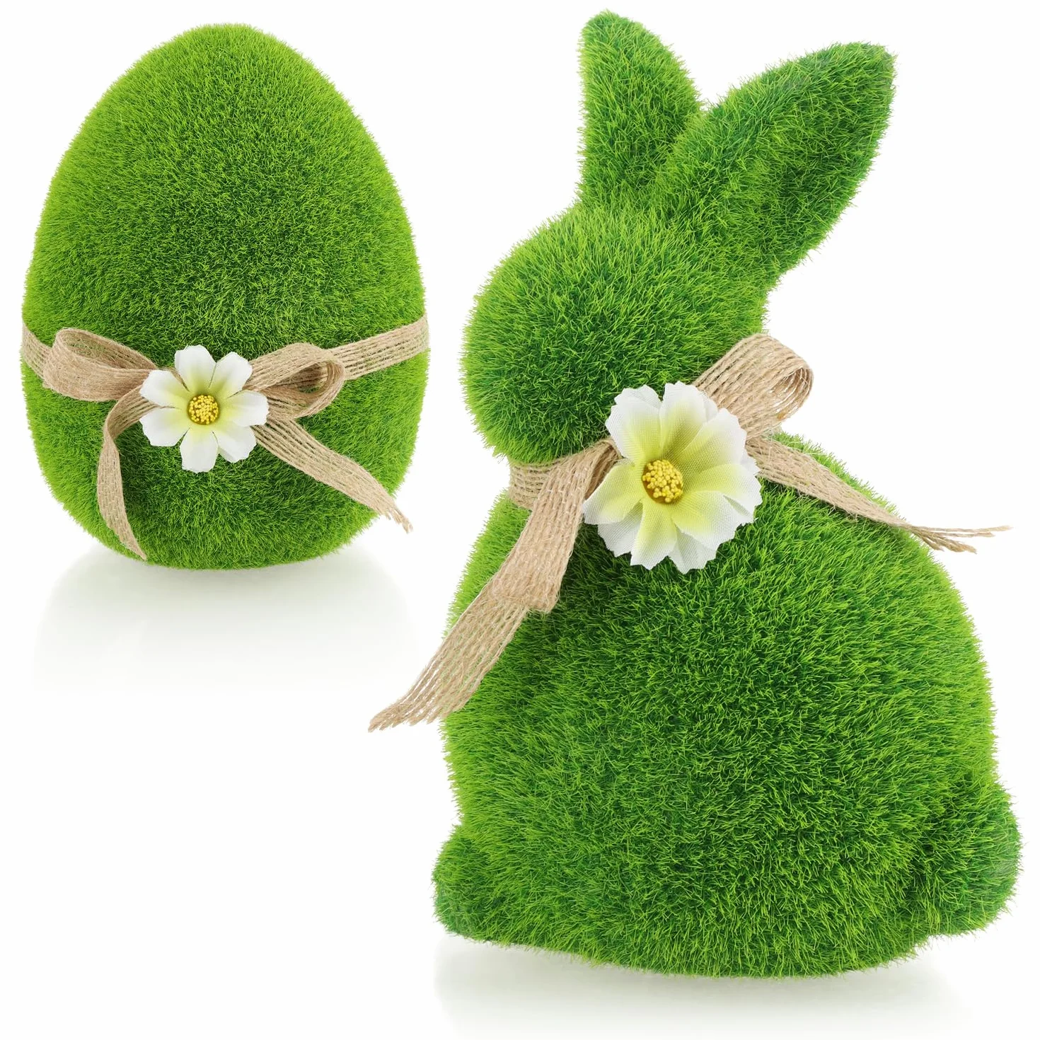 com-four® 2x figurki dekoracyjne zajac i jajko z kokarda i kwiatami, zielone ozdoby ceramiczne z sztuczna trawa na wiosne i Wielkanoc (2x Królik/Jajko 17/15cm)