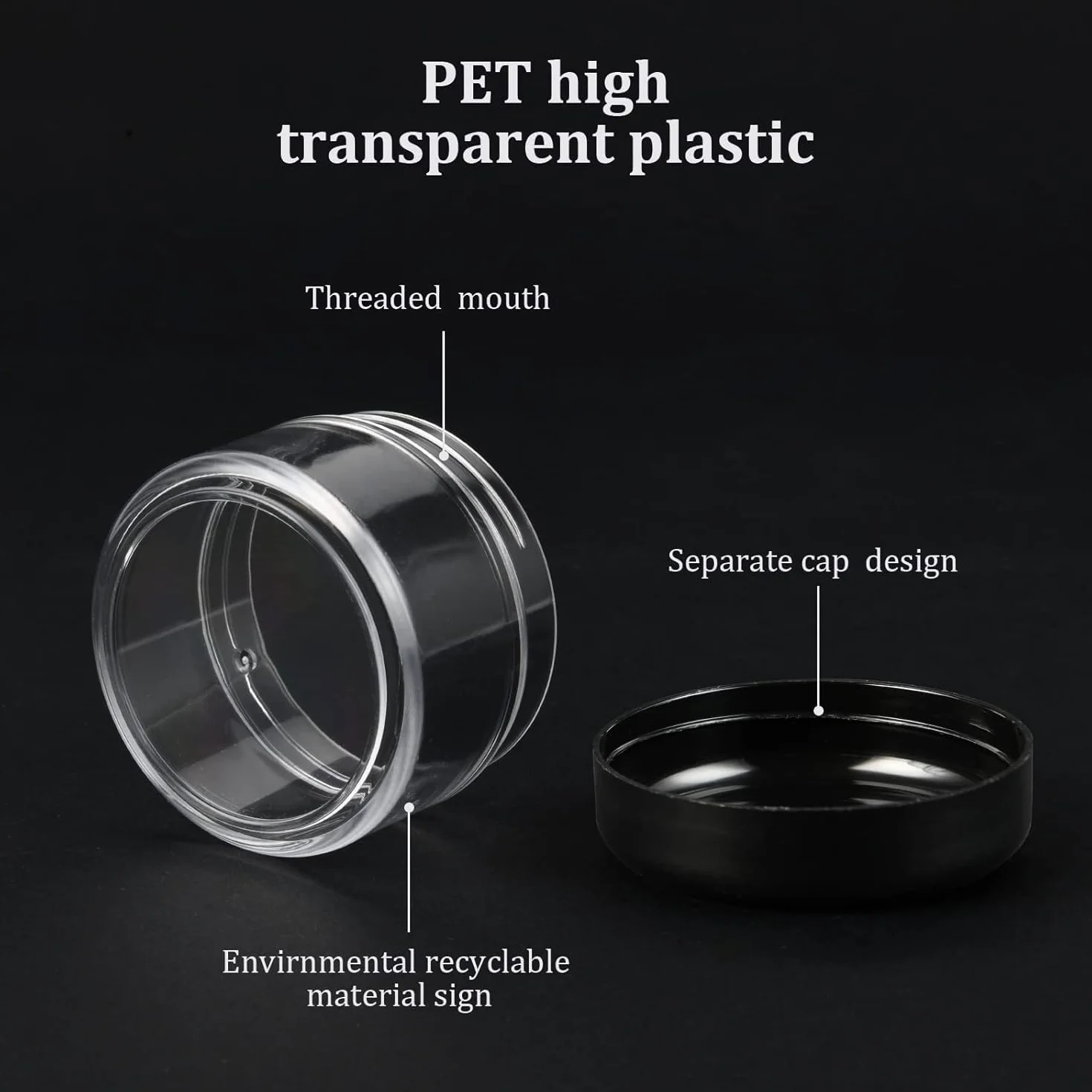 Flintronic Plastikowy słoik na kosmetyki 24 x 50 ml, przezroczysty i widoczny pojemnik na próbki, czarna zakrętka butelka z naklejką i małą łyżką, nadaje się do kosmetyków/kremów/żelu/pasty/koralików