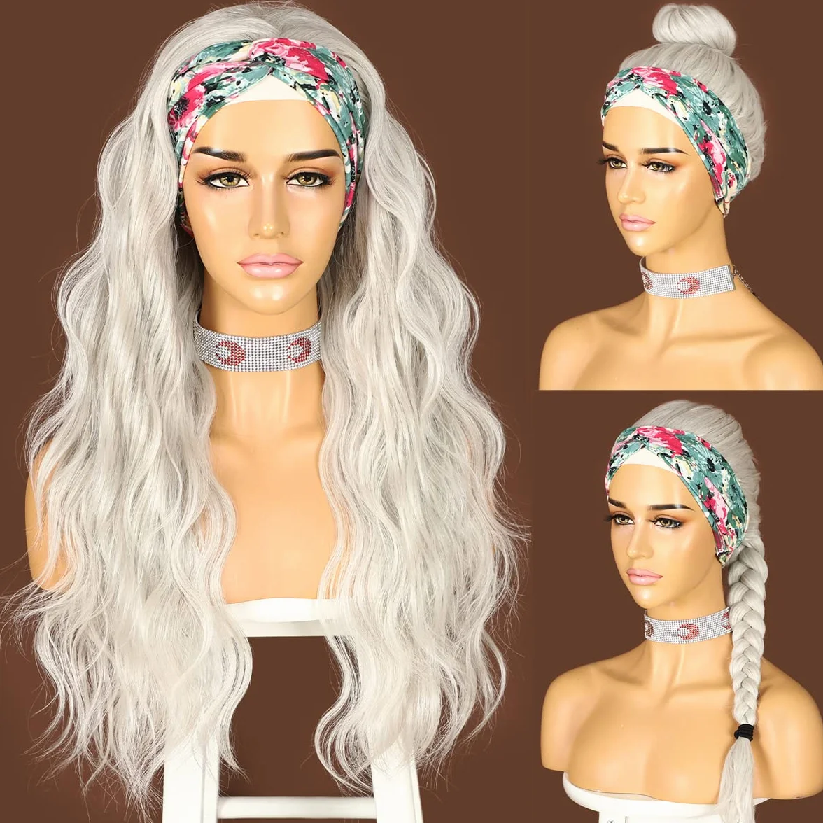 Sapphirewigs Peruka z główką Body Wave z tasiemką Platinum Grey Syntetyczna długa peruka z falującymi włosami dla kobiet bez kleju, naturalny wygląd, gęstość 150%, 66 cm