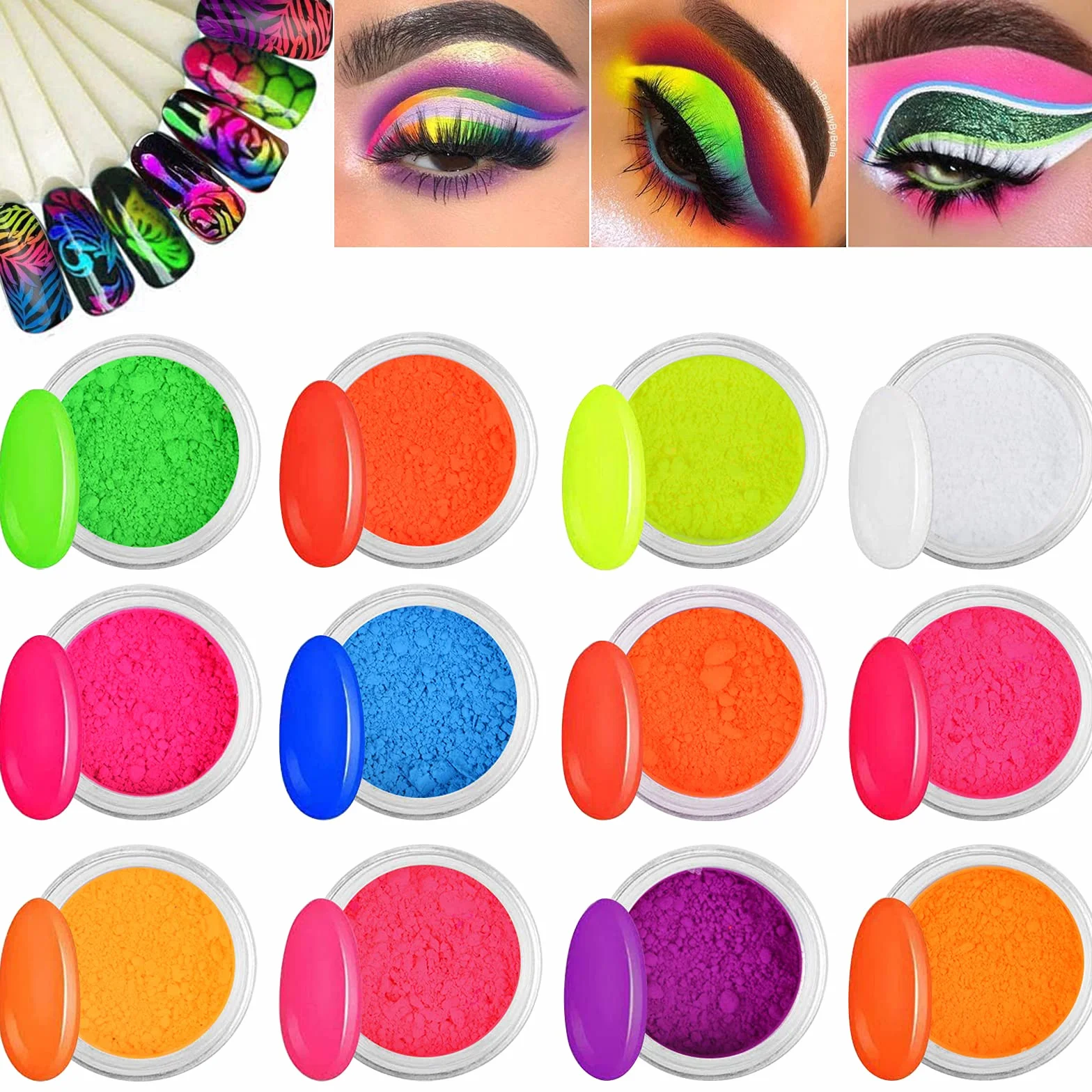 Kalolary 12 pudełek w kolorze neonowym proszku, pigment do paznokci, kolorowy fluorescencyjny proszek, tęczowy brokat, do dekoracji paznokci DIY
