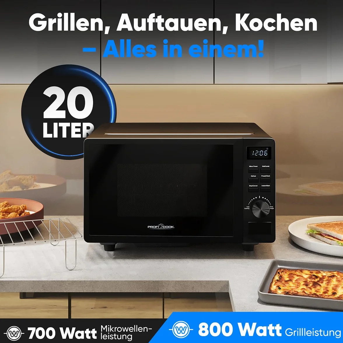 ProfiCook kuchenka mikrofalowa z grillem, 20 l, kuchenka mikrofalowa bez talerza obrotowego dla równomiernego rozprowadzania ciepła, czarna kuchenka mikrofalowa z timerem i funkcją rozmrażania, w