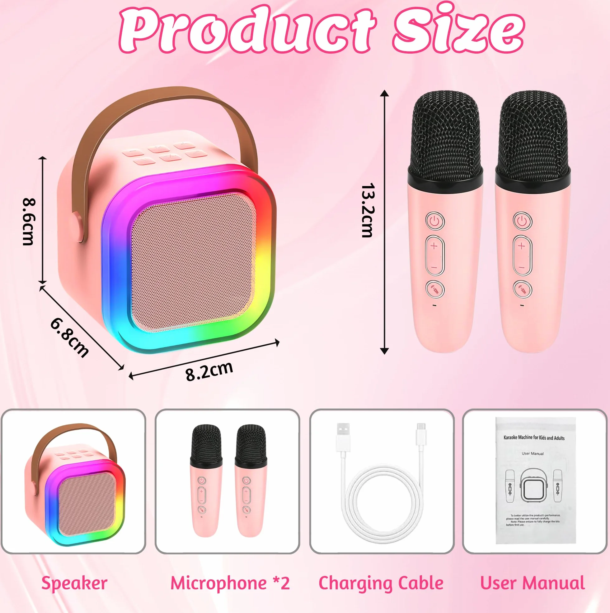 Chennyfun Karaoke Machine 2 mikrofony, Mini Karaoke Machine, przenośny głośnik Bluetooth z efektami zmiany głosu i światłami LED, najlepszy prezent urodzinowy dla dziewczynek i chłopców