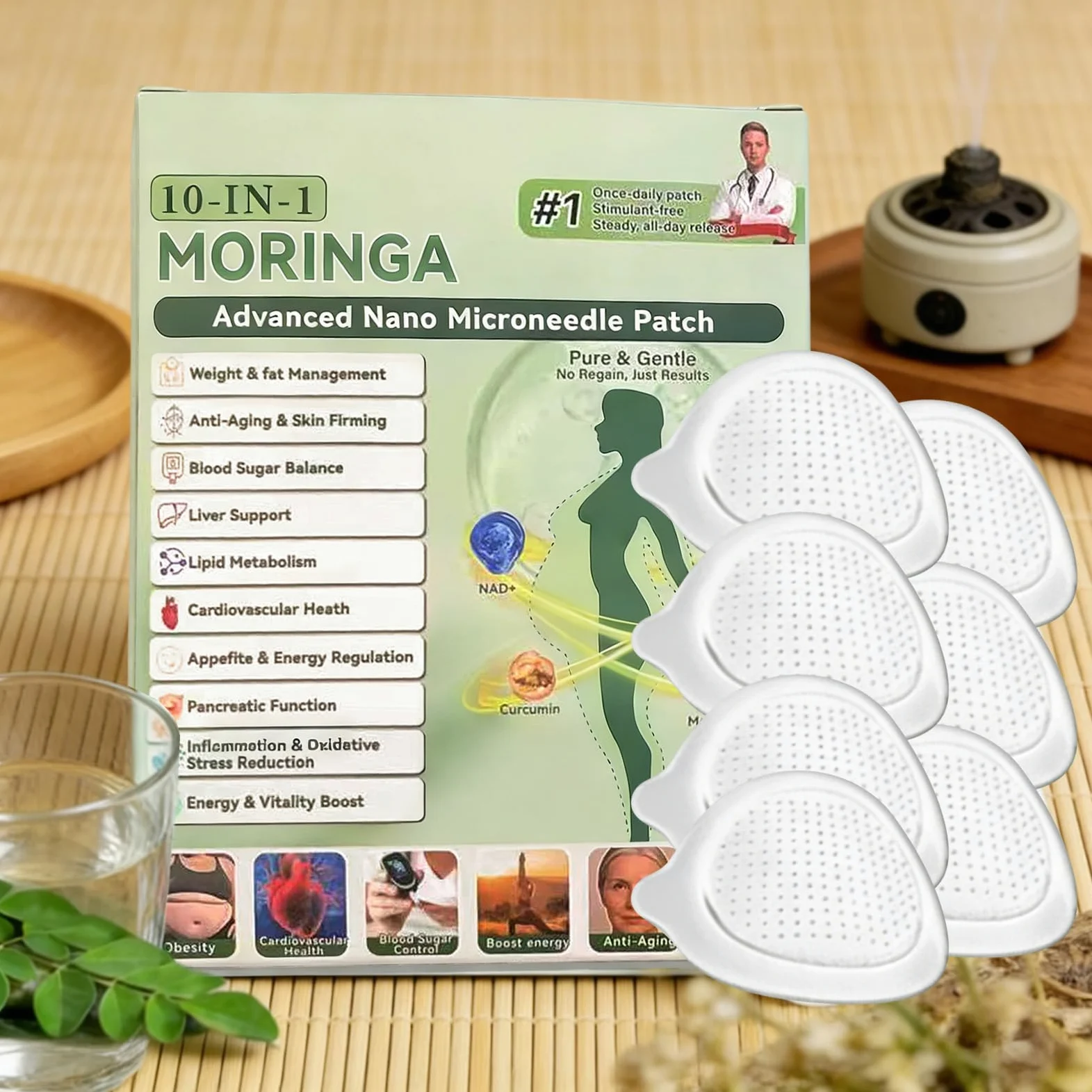 Moringa NAD+ 10 w 1 nano-igłowe plastry z mikroigłami, 7 sztuk plastrów Moringa, Metabalance Patch, nano-igłowe, plastry odchudzające, do wszystkich typów ciała