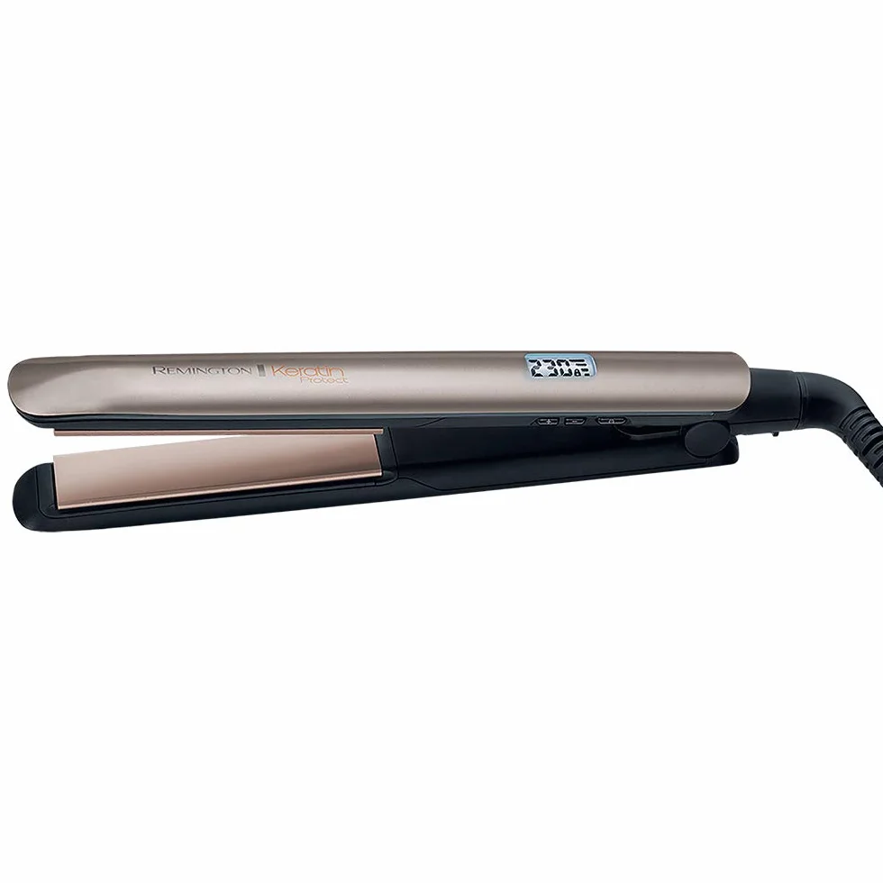 Remington prostownica do włosów, powłoka z keratyną i olejkiem migdałowym, PRO+ dla zdrowej stylizacji, zakres temp. 150-230°C, funkcja Turbo, ruchome płytki, etui, brązowa, Keratin Protect S8540