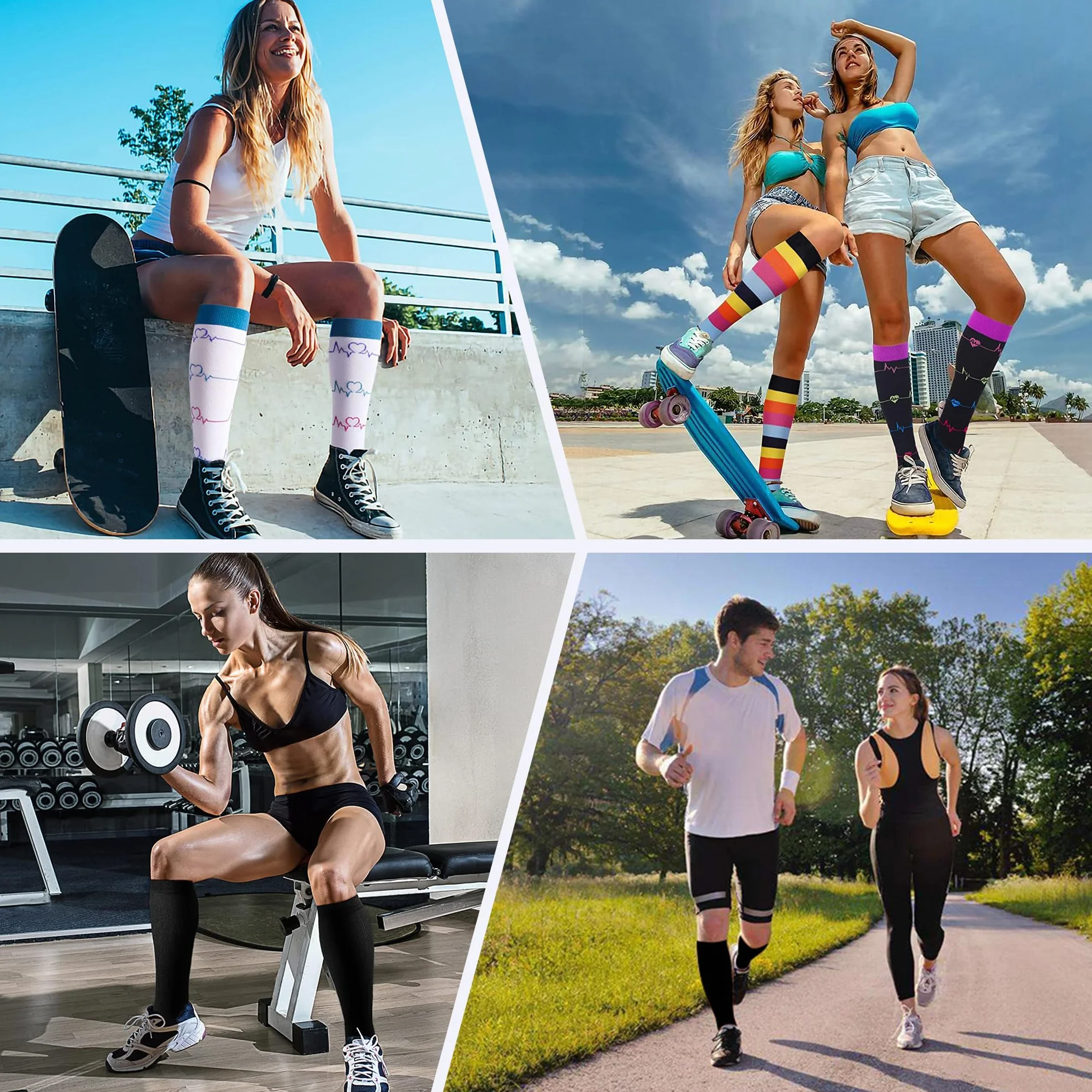 BISOUSOX Skarpety uciskowe unisex 4 pary skarpety kompresyjne do biegania mężczyźni kobiety 15-20 mm Hg wysokie skarpety damskie prezenty ciążowe skarpety rowerowe sportowe