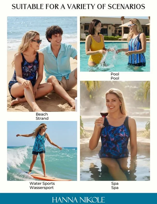 Hanna Nikole Tankini damski kostium kąpielowy, wyszczuplający brzuch, dwuczęściowy biustonosz push-up, moda kąpielowa i wszyte majtki, szorty kąpielowe z wysoką talią, z kieszeniami, regulowany strój