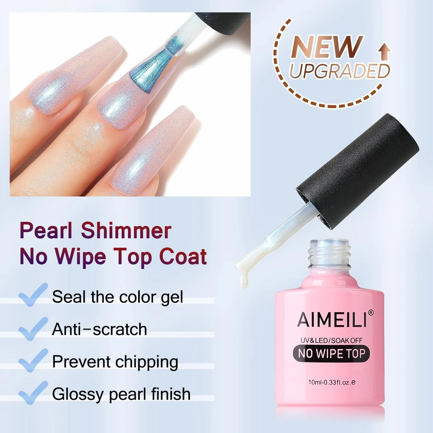 AIMEILI Pearl Glitter Top Coat Gel UV Gel lakier do paznokci, 10 ml No Wipe Top Coat do paznokci żelowych, poly żel, paznokcie akrylowe, szybki brokat, sztuka paznokci-001