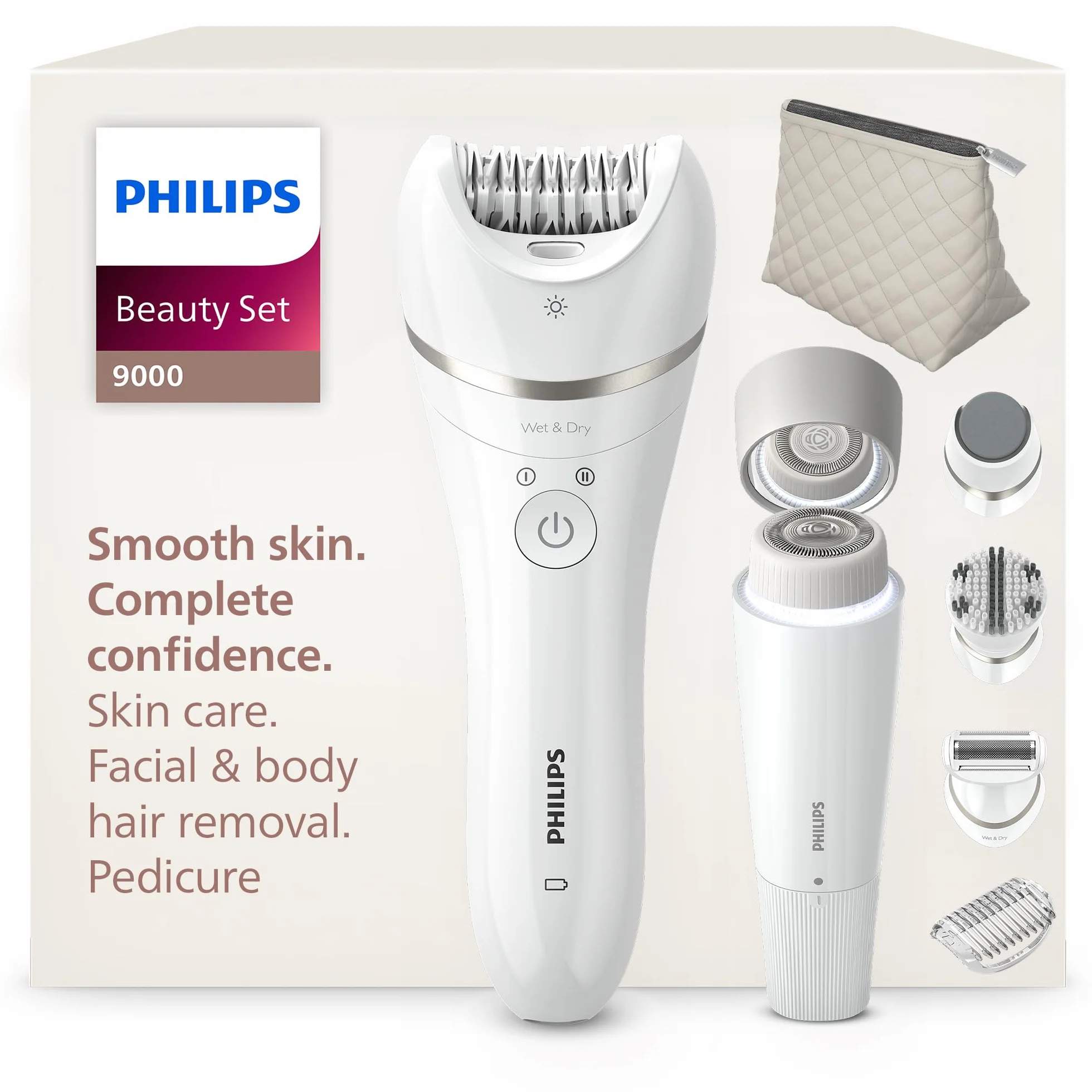 Philips Zestaw Pielęgnacyjny Serii 9000 – zestaw wielofunkcyjny do ciała, twarzy i stóp, bezprzewodowy depilator, do użytku na mokro i sucho, z 6 akcesoriami, model BRE770/92