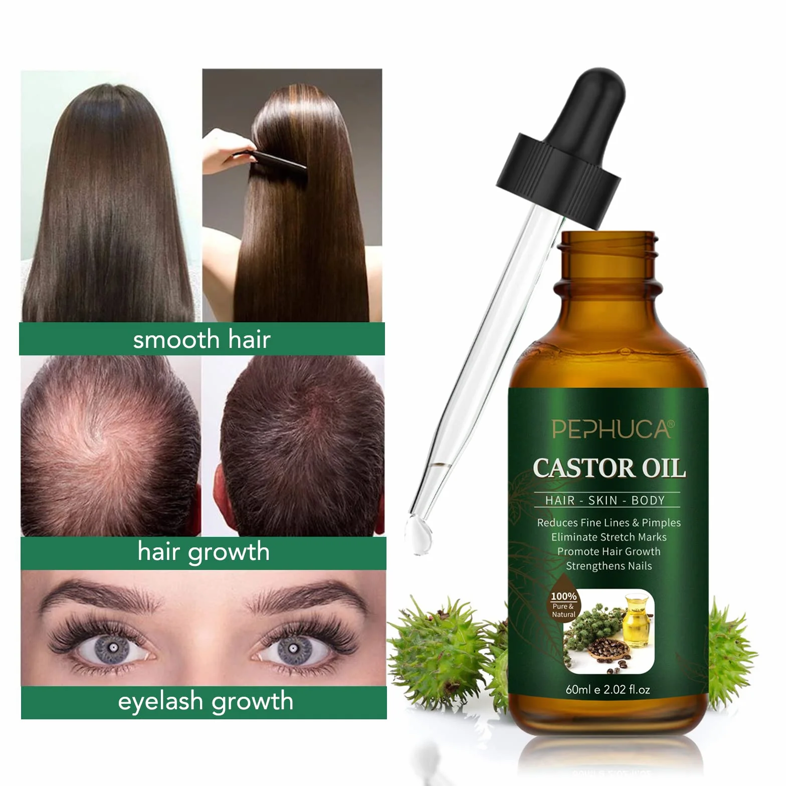 Olej rycynowy – Bio Castor Oil do włosów, rzęs, brwi, brody, paznokci, 100% czysty i naturalnie tłoczony na zimno, stosowany do wzrostu włosów, krem nawilżający i serum do rzęs, 60 ml