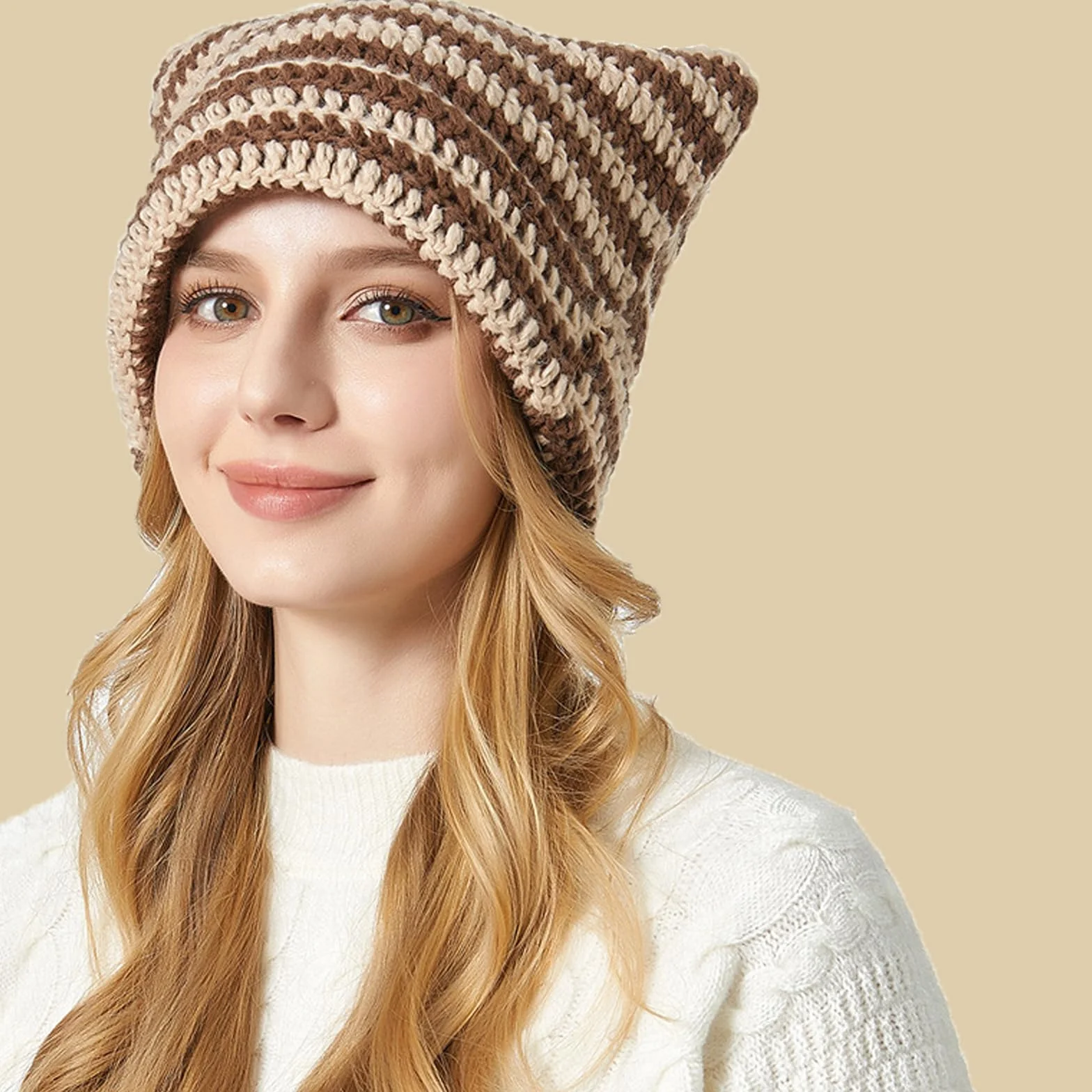 JAWAI Czapka z uszami kota, czapka Y2k Cat Beanie, czapka z uszami kota, czapka z uchem z dzianiny, czapka kota, ciepła i elastyczna zimowa czapka z dzianiny, Beżowy; Curry, 56 cm - 58 cm