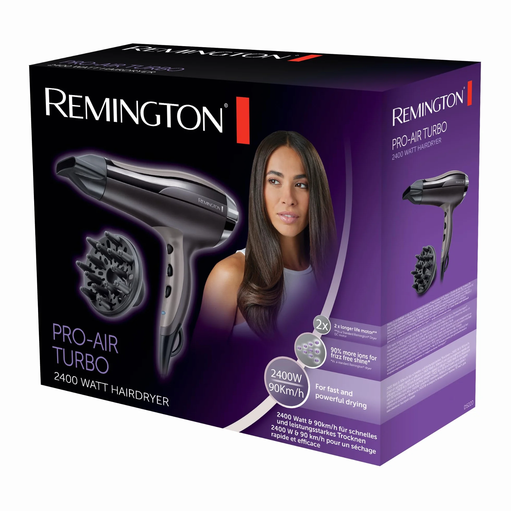 Remington suszarka do włosów z jonizacją, 3 ust. nagrzewania i 2 ust. nawiewu, koncentrator i dyfuzor, zimny nawiew, uchwyt do zawieszenia, moc 2400W, czarno-fioletowa, Pro-Air Turbo D5220
