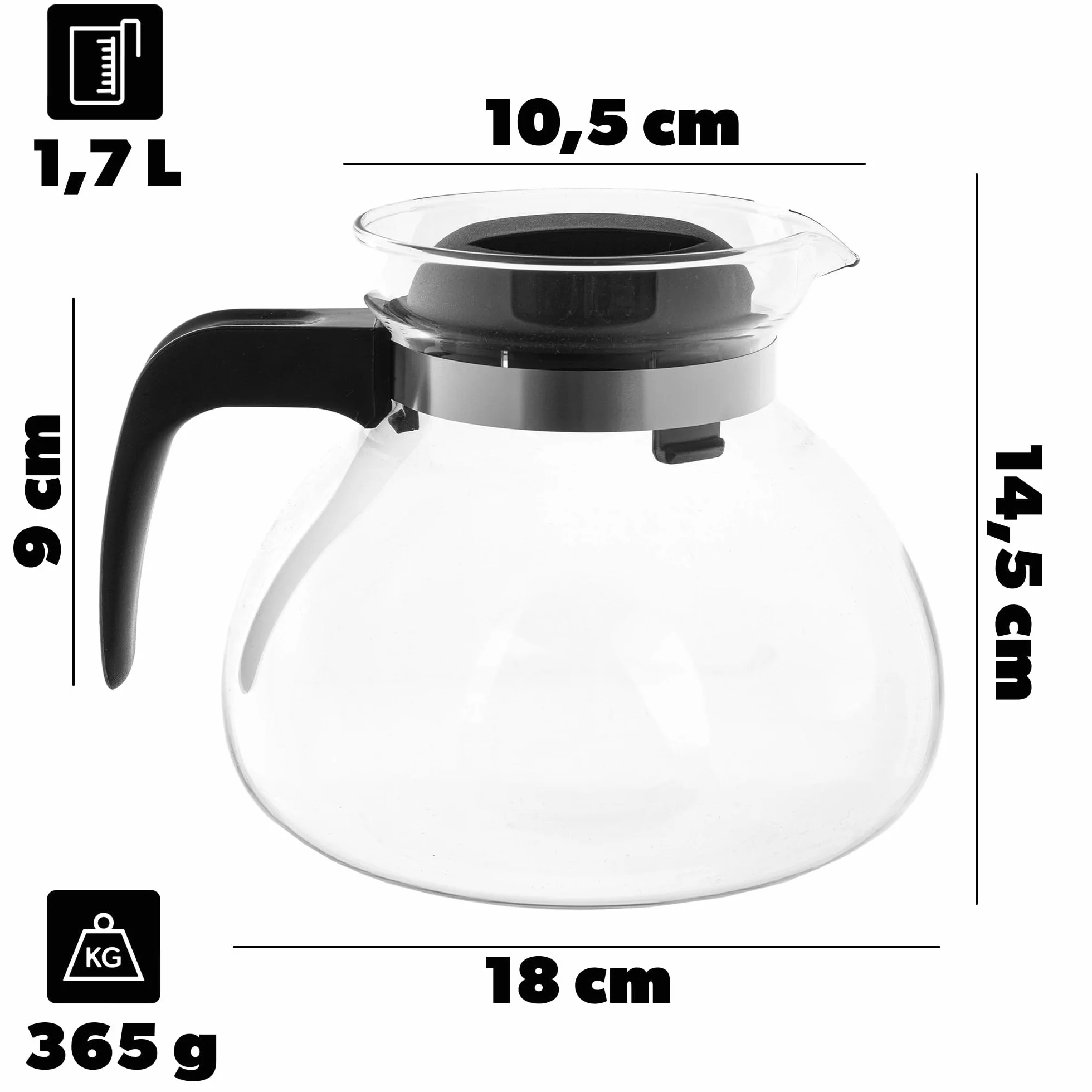 KADAX Dzbanek do herbaty, kawy i soku 1,7 l ze szkła żaroodpornego, z ergonomicznym uchwytem i zdejmowaną pokrywką, kolor czarny