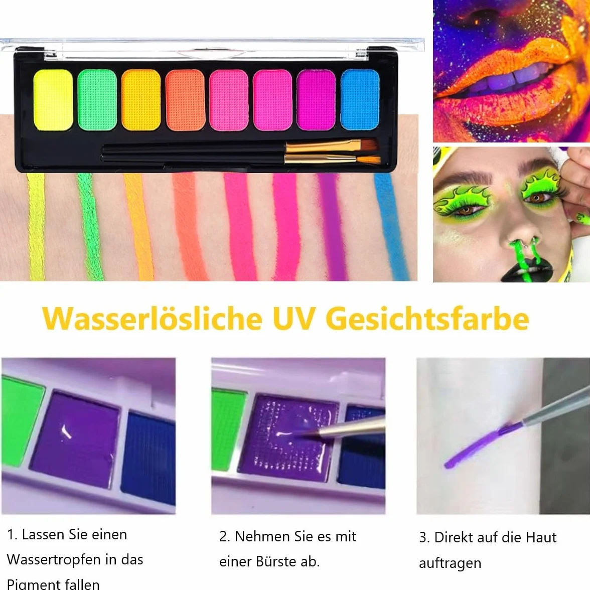 Farba do ciała fluorescencyjna UV 8 kolorów z pędzlami