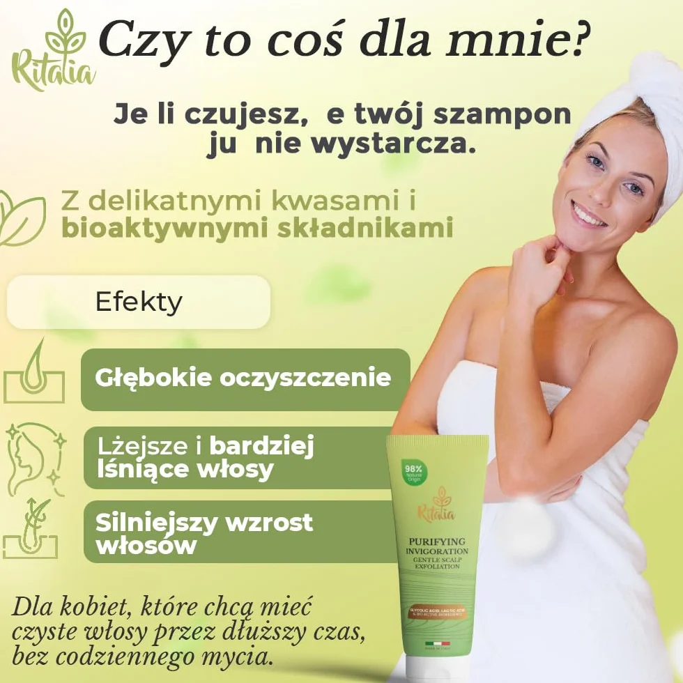 Duże opakowanie 250 ml SCRUB DO SKÓRY GŁOWY Ritalia® Bio BEZ SULFATÓW i PARABENÓW Peeling skóry głowy do włosów tłustych lub suchych Oczyszczający i przywracający równowagę Mikropeeling do skóry głowy