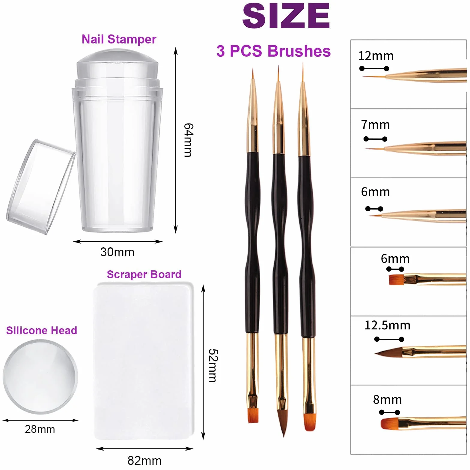 Stamper do paznokci Nail Art Brush – French Tip Stamp do paznokci Clear Nail Art Stamper Jelly with Scraper, 3 szt. Double Ended Nail Pen Brushes, Soft Silicone Stamper Printer DIY