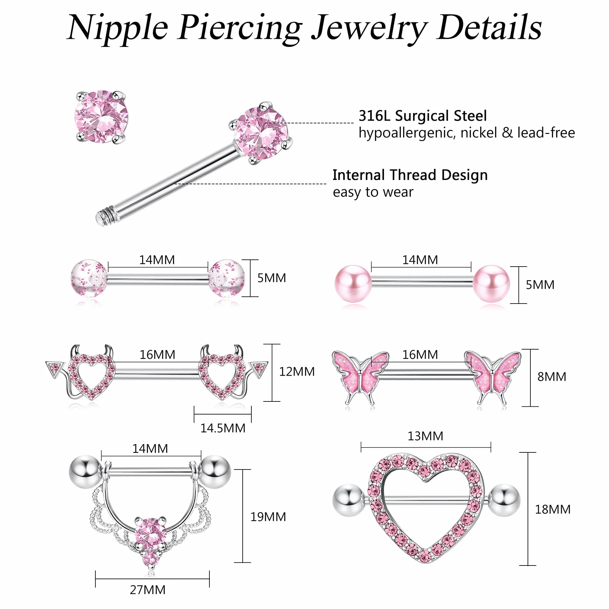 LOLIAS 7 par kolczyków na sutki 14G dla kobiet, stal chirurgiczna, biżuteria do piercingu sutków, zestaw do piercingu sutków, język, zestaw do piercingu ciała, sztanga
