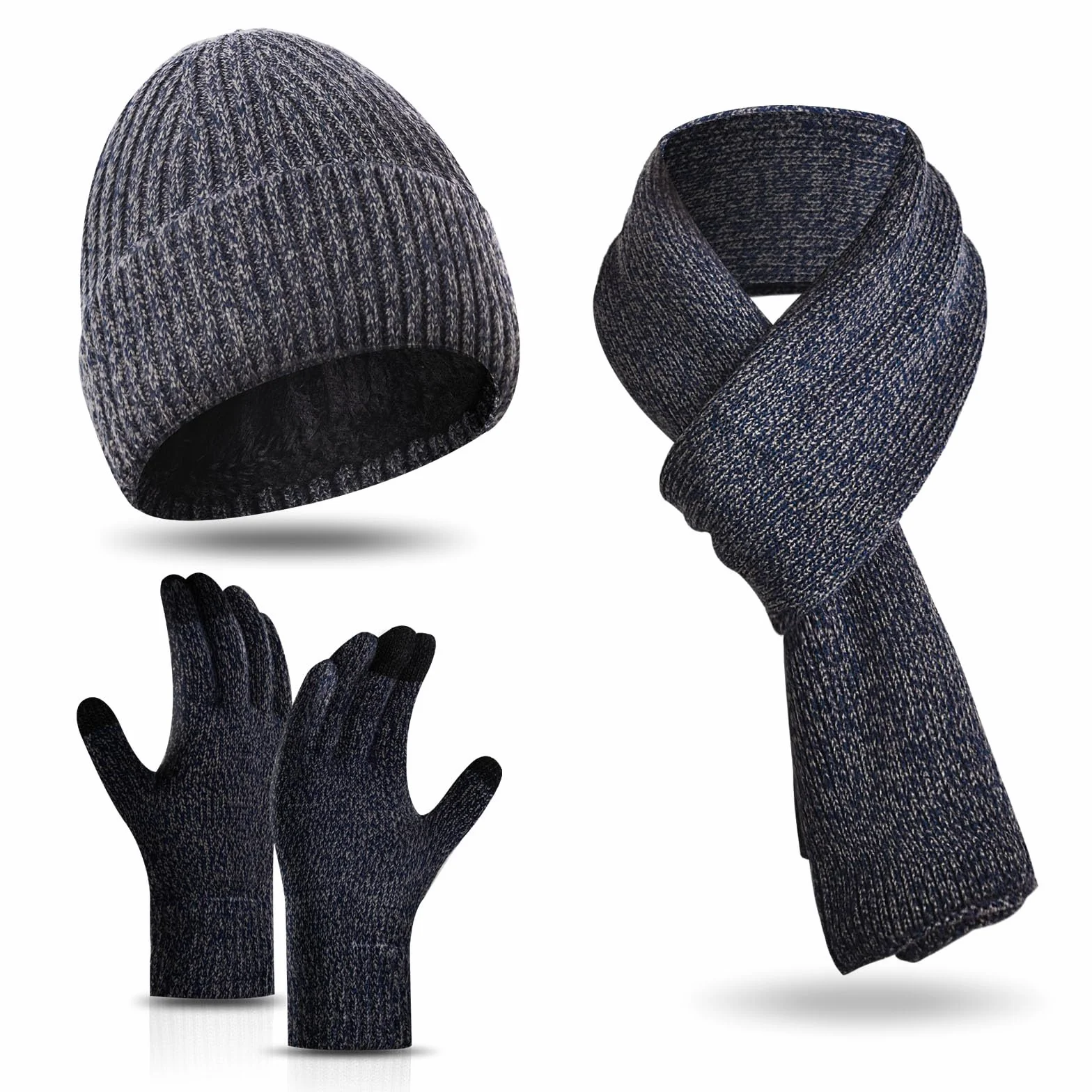 Wisolt 3 zestaw zimowa ciepła dzianinowa czapka beanie szalik rękawiczki do ekranu dotykowego zestaw dla mężczyzn