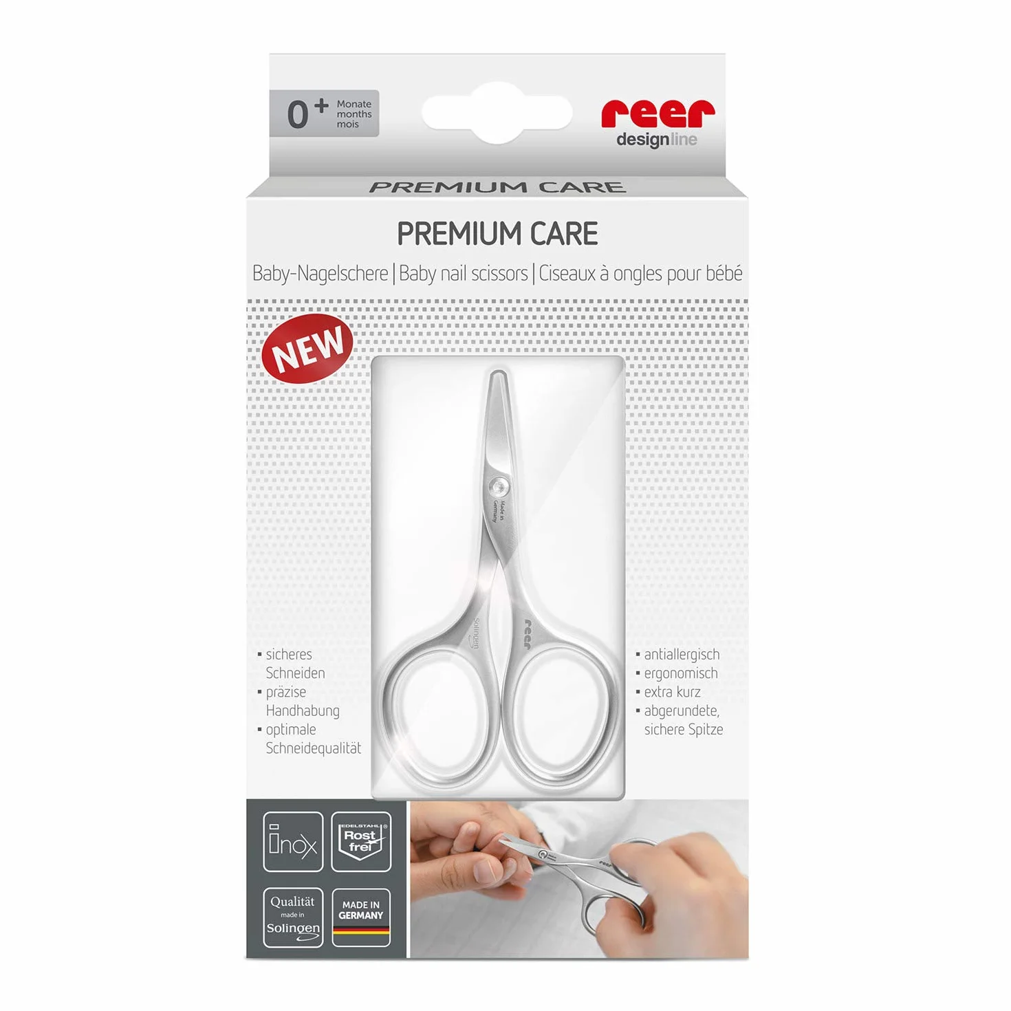 reer Premium Care nożyczki do paznokci dla niemowląt, do bezpiecznej pielęgnacji paznokci u niemowląt, nierdzewne, długość 85 mm