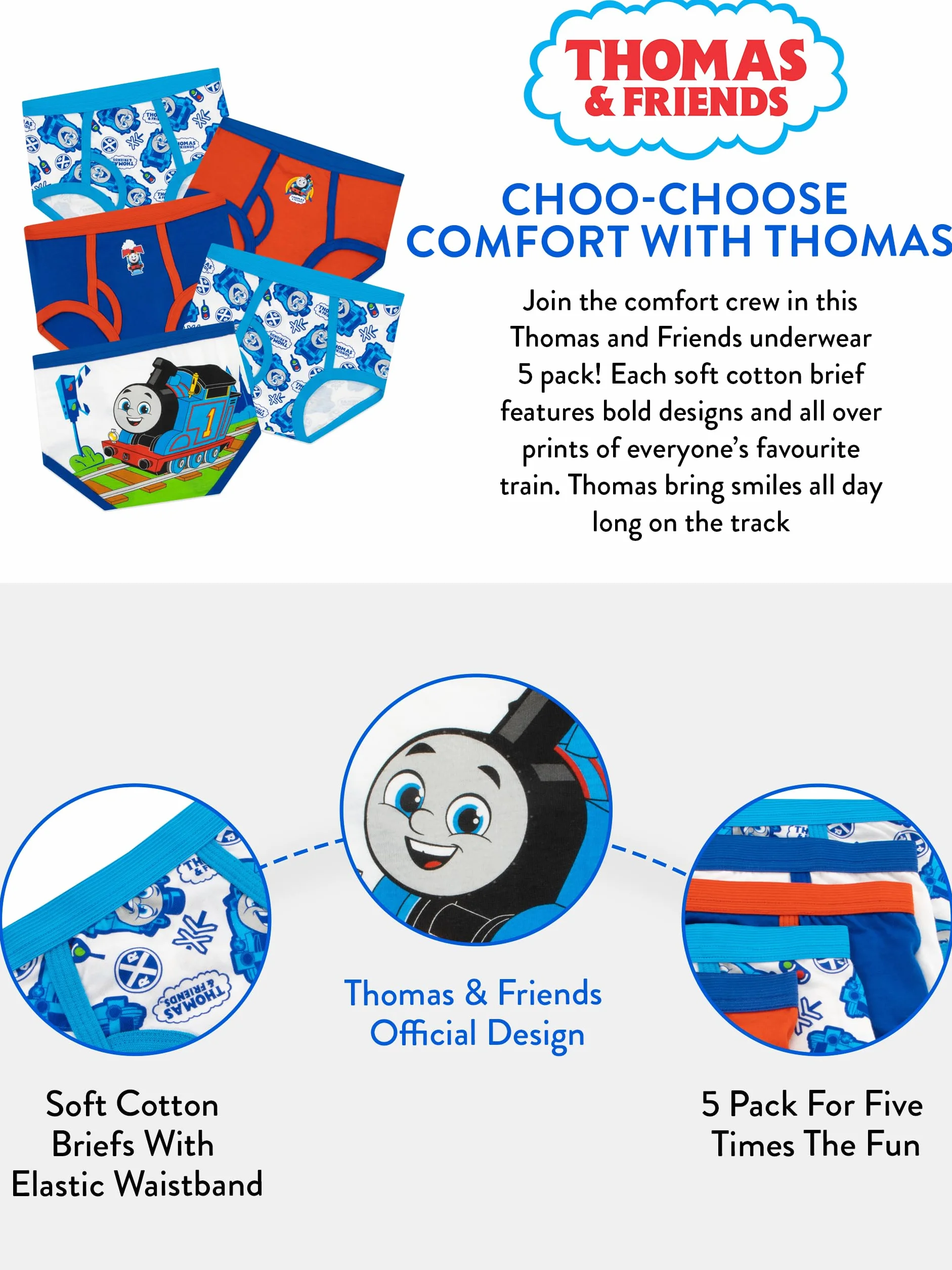 Thomas & Friends - Komplety Bawełnianych Majtek Dla Chłopców, 5 Sztuk | Majtki Dla Chłopców | Multipak Majtek Thomas I Przyjaciele