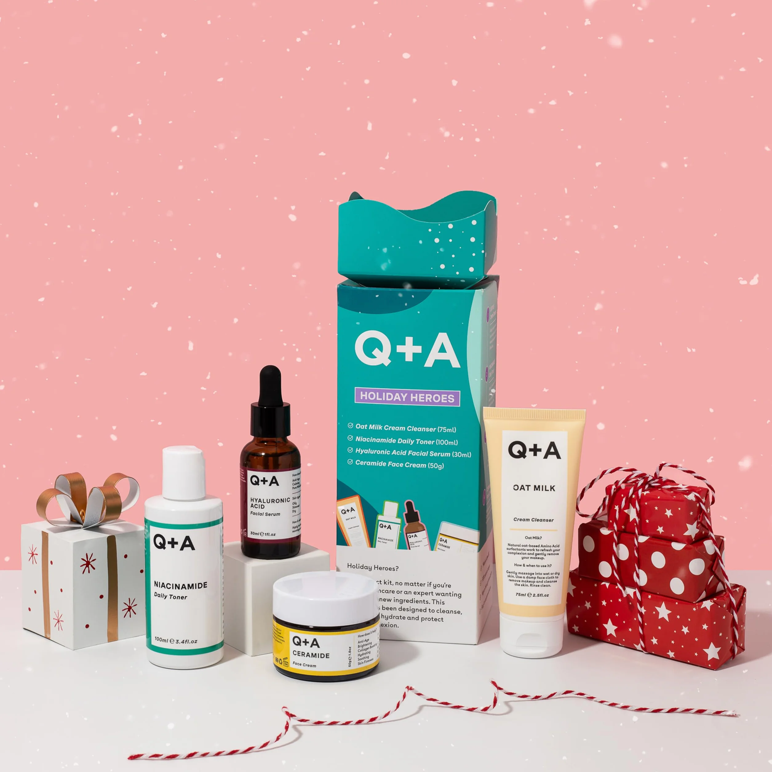 Zestaw prezentowy Q+A Holiday Heroes – 4-etapowy program z Oat Milk Cleanser, Niacinamide Toner, Hyaluronic Acid Serum, Ceramide Face Cream – Wegański, Nietestowany na zwierzętach