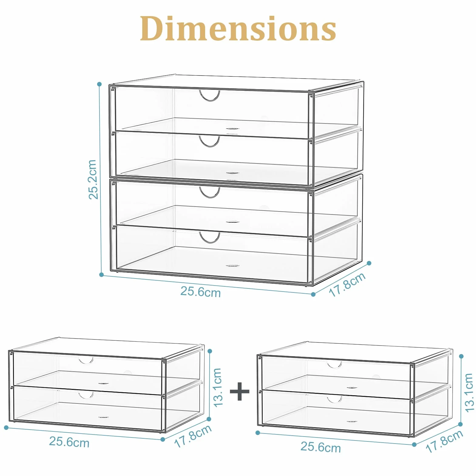 SortNStore Vanity Organizer z 4 szerokimi szufladami: Zestaw 2 akrylowych organizerów biurkowych z antypoślizgowymi podkładkami | Składana szuflada do biura, sypialni, łazienki
