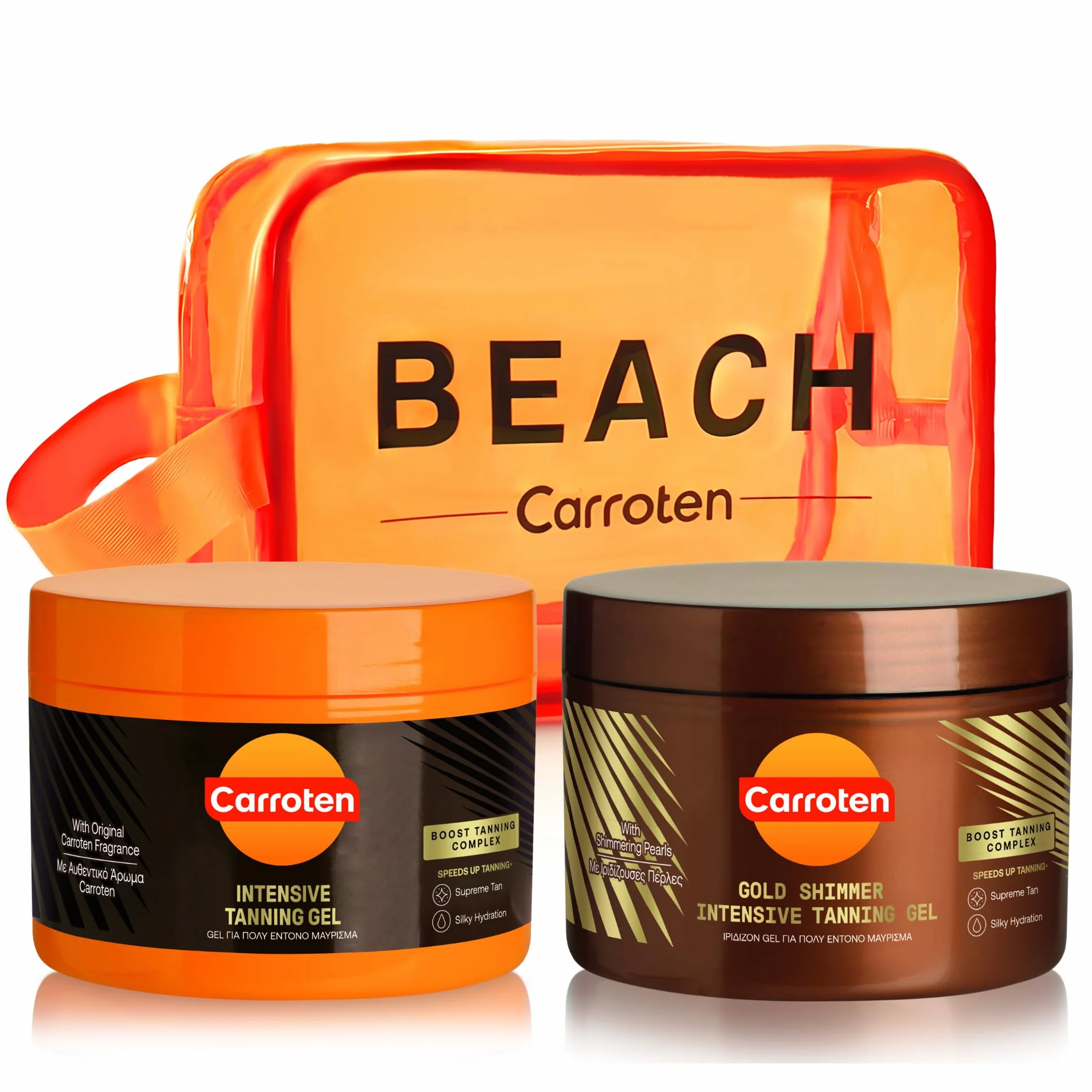 Carroten zestaw 2 przyspieszaczy opalania - zestaw opalający składający się z Gold Tanning Gel 150 ml i Intensive Tanning Gel 150 ml - żele opalające do szybkiej opalenizny, w tym kosmetyczka