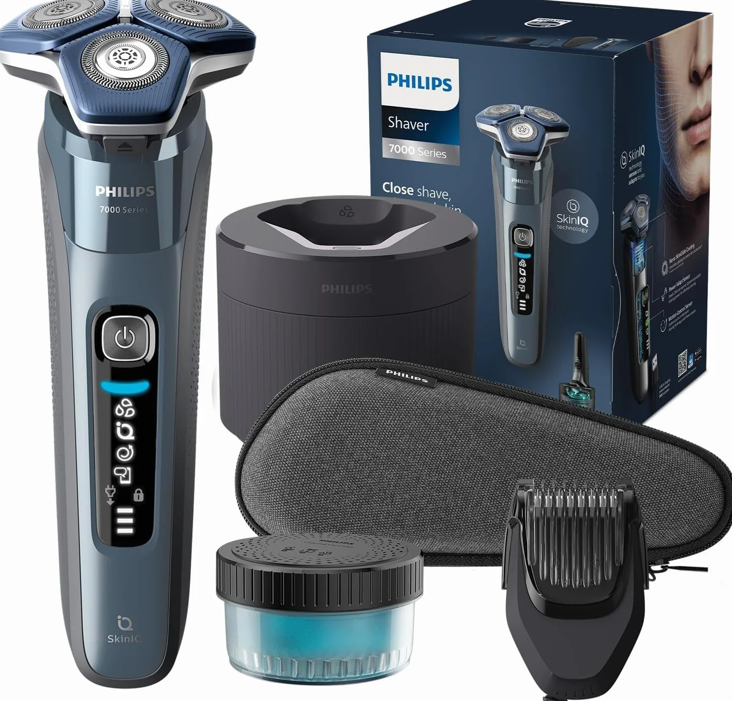Philips Golarka elektryczna serii 7000 - golenie na mokro i sucho, kolor Ice Blue, prezycyjny trymer zintegrowany z uchwytem, etui podróżne, stacja czyszcząca, podstawka ładująca. Model S7882/54