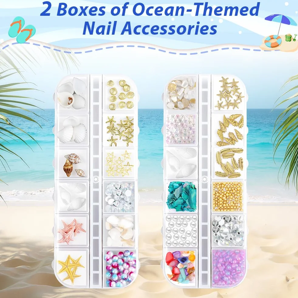 Vicloon Summer Ocean Nail Charms, 2 pudełka, letnie kamienie strasu do paznokci, motyw plażowy z muszlami, rozgwiazda 3D, muszla, perły, charmsy do paznokci, dla kobiet, akrylowe, do paznokci, oceanu