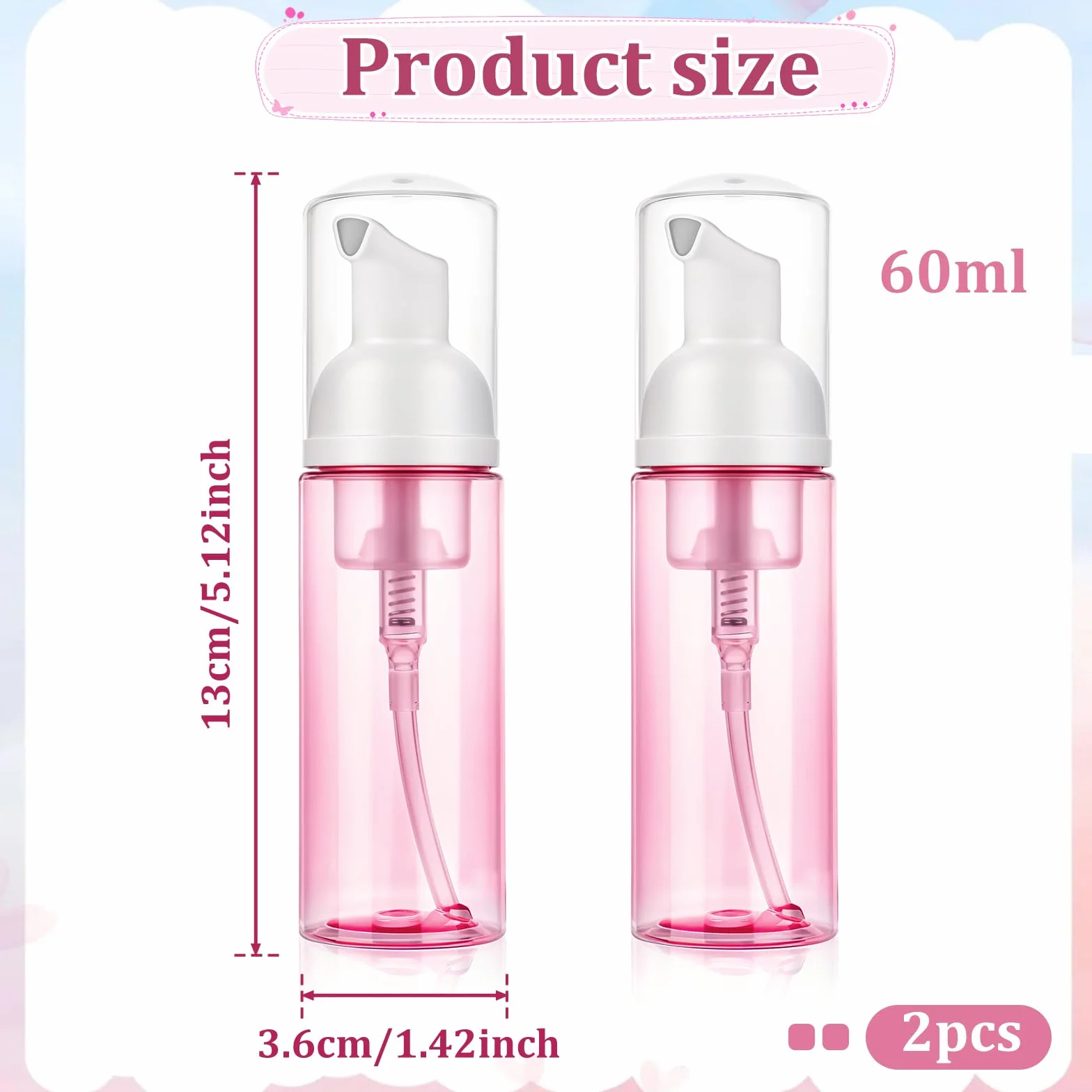 Molain Dozownik Piany, 2 Sztuki, 60 ml, Dozownik do Mydła, Podróżna Butelka z Pompką, Przenośna na Kosmetyki, Szampon, Krem (Różowy)