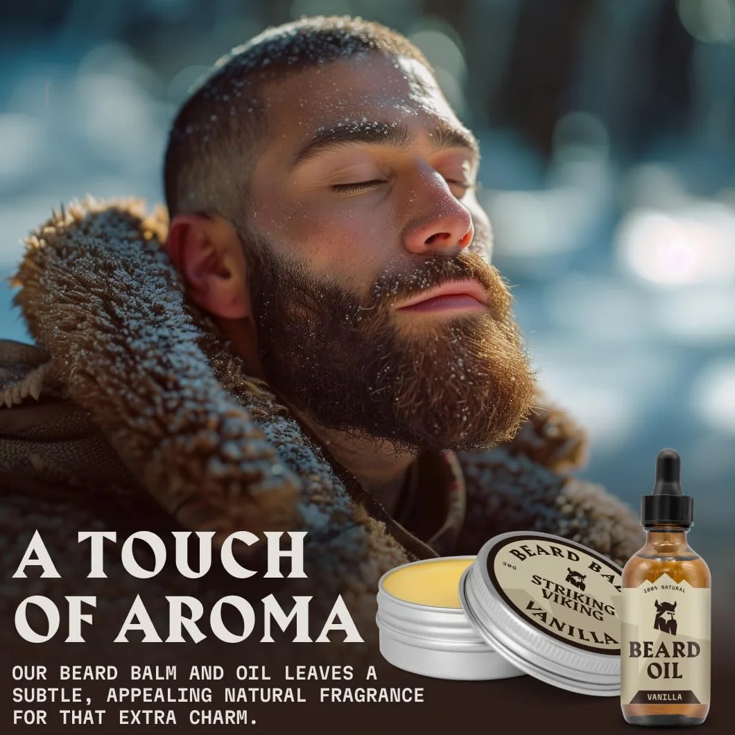 Striking Viking Beard Oil and Balm - Leave in Beard Conditioner - Tames, Styles, Softens, Moisturizes Beards and Mustache - Made with All Natural and Organic Argan and Jojobo, Olejki waniliowe
