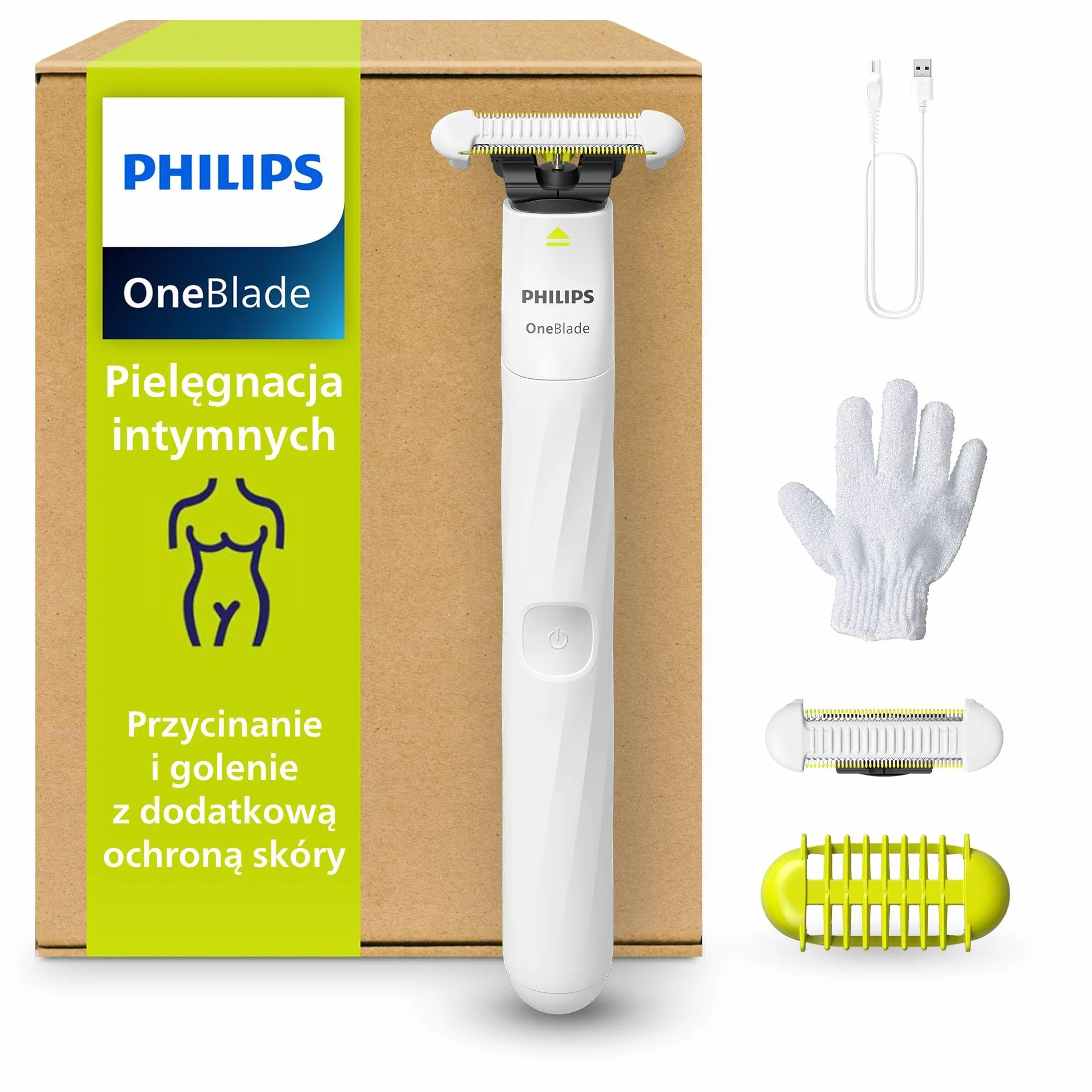 Philips OneBlade Intimate, pielęgnacja okolic intymnych, przycinanie i golenie z dodatkową ochroną skóry, dla zadbanego efektu bez całkowitego wygolenia, model QP1924/28