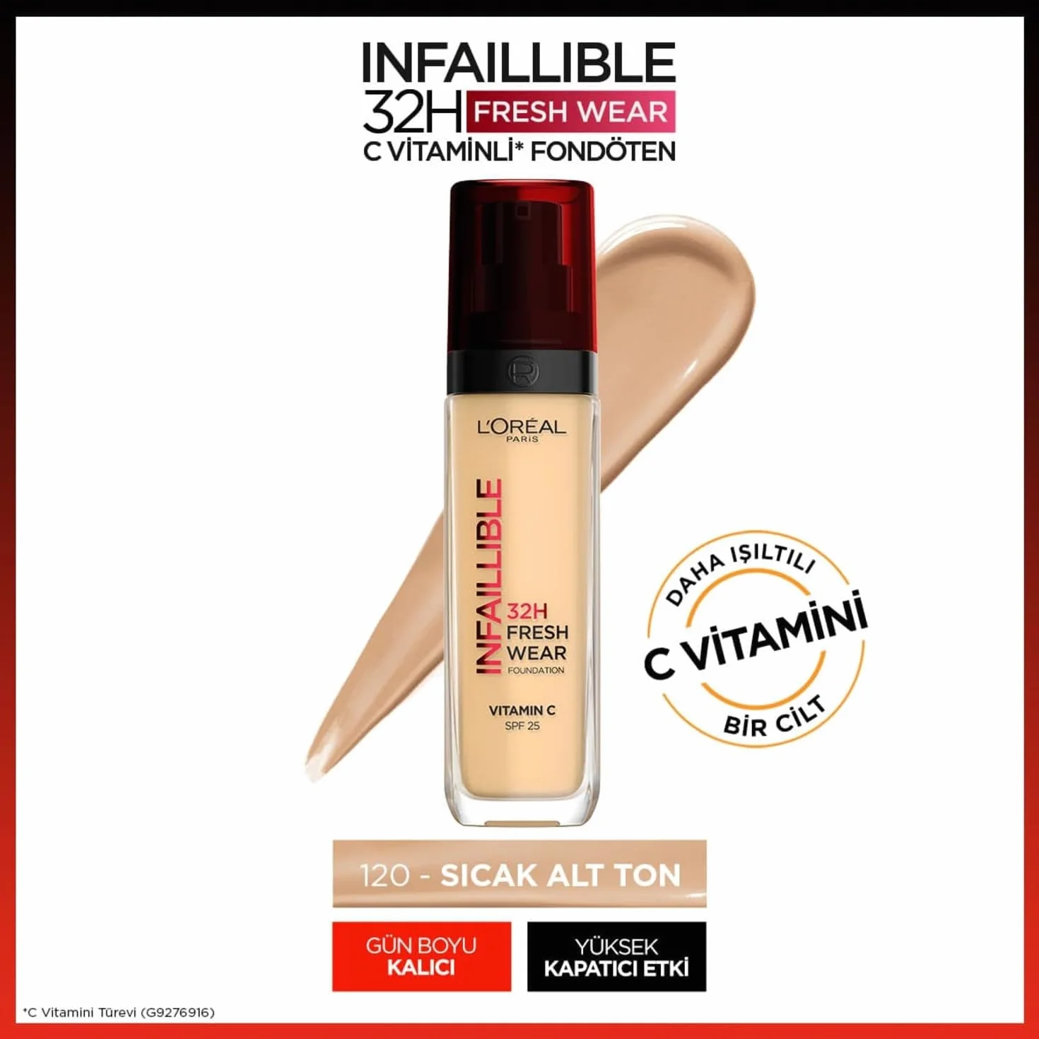 L'Oréal Paris Infaillible 24 h Fresh Wear Długotrwały kryjący podkład odporny na ścieranie, lekka formuła, SPF 25, 120 Vanille, 30 ml