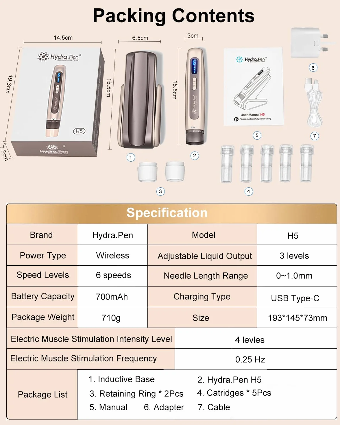 Hydra. Pen H5 Dermapen Microneedling Pen, EMS Microcurrent Automatyczna aplikacja serum Microneedling Narzędzie kosmetyczne 3 w 1 z 5 rodzajami wkładów, prezenty dla kobiet (złoto)