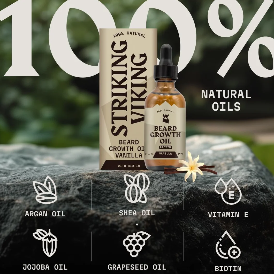 Striking Viking Olejek do wzrostu brody z biotyną, 60 ml, zapach wanilii, zagęszczający, odżywczy, biotynowy olejek do brody dla mężczyzn z arganem i jojobą, serum na porost włosów na twarzy dla