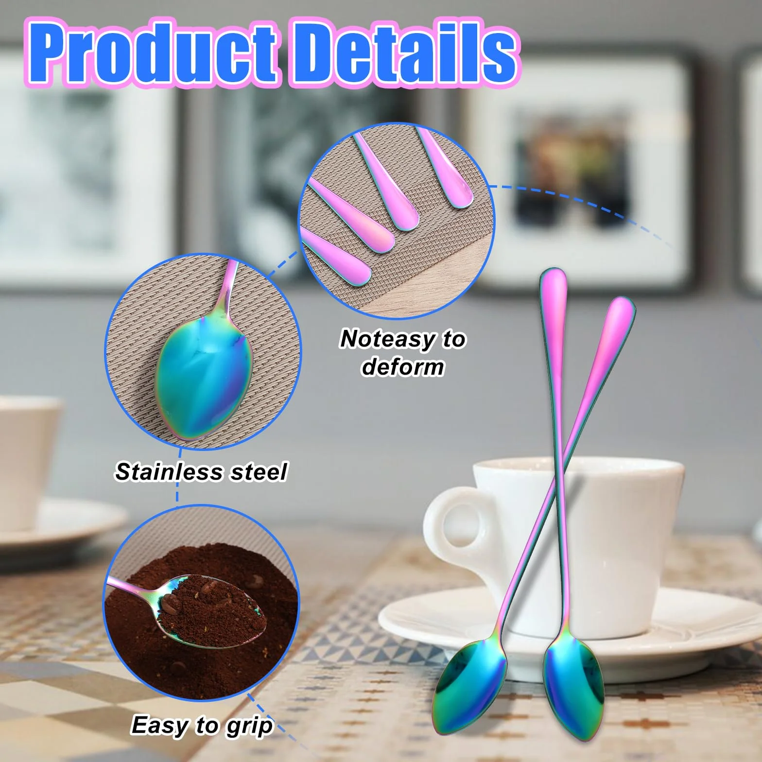 4 długie łyżki do lodów ze stali nierdzewnej, Sundae Spoons, wytrzymałe i trwałe, zestaw łyżek do latte macchiato do koktajli, deserów, macchiato, Sundae, 19,5 cm, kolorowe łyżki do