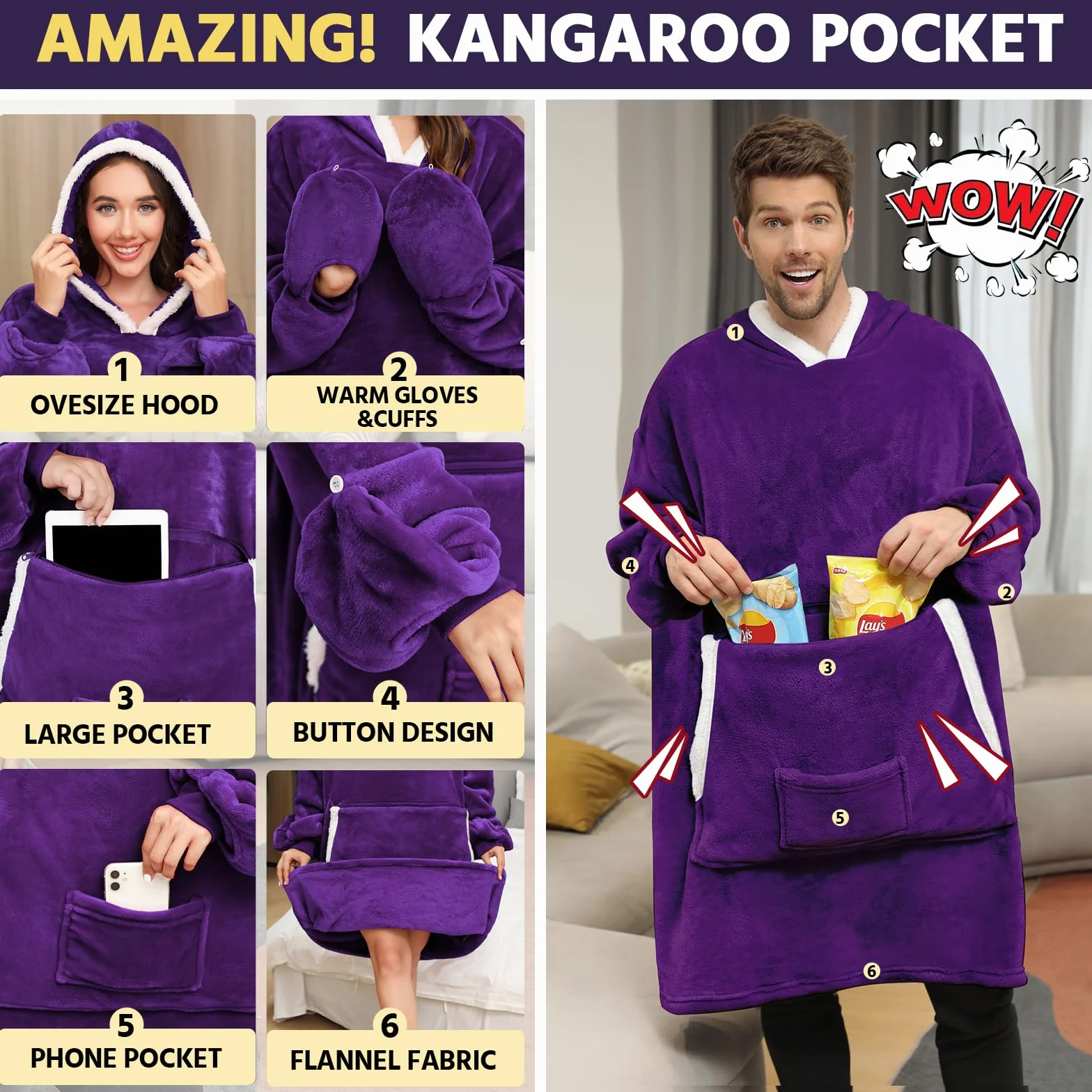 Tuopuda Bluza z kapturem, damska i męska, oversize, sweter z długim rękawem, ogromna bluza z kapturem, koc z rękawami, prezent dla kobiet i mężczyzn, oversize, z kieszeniami na zimę