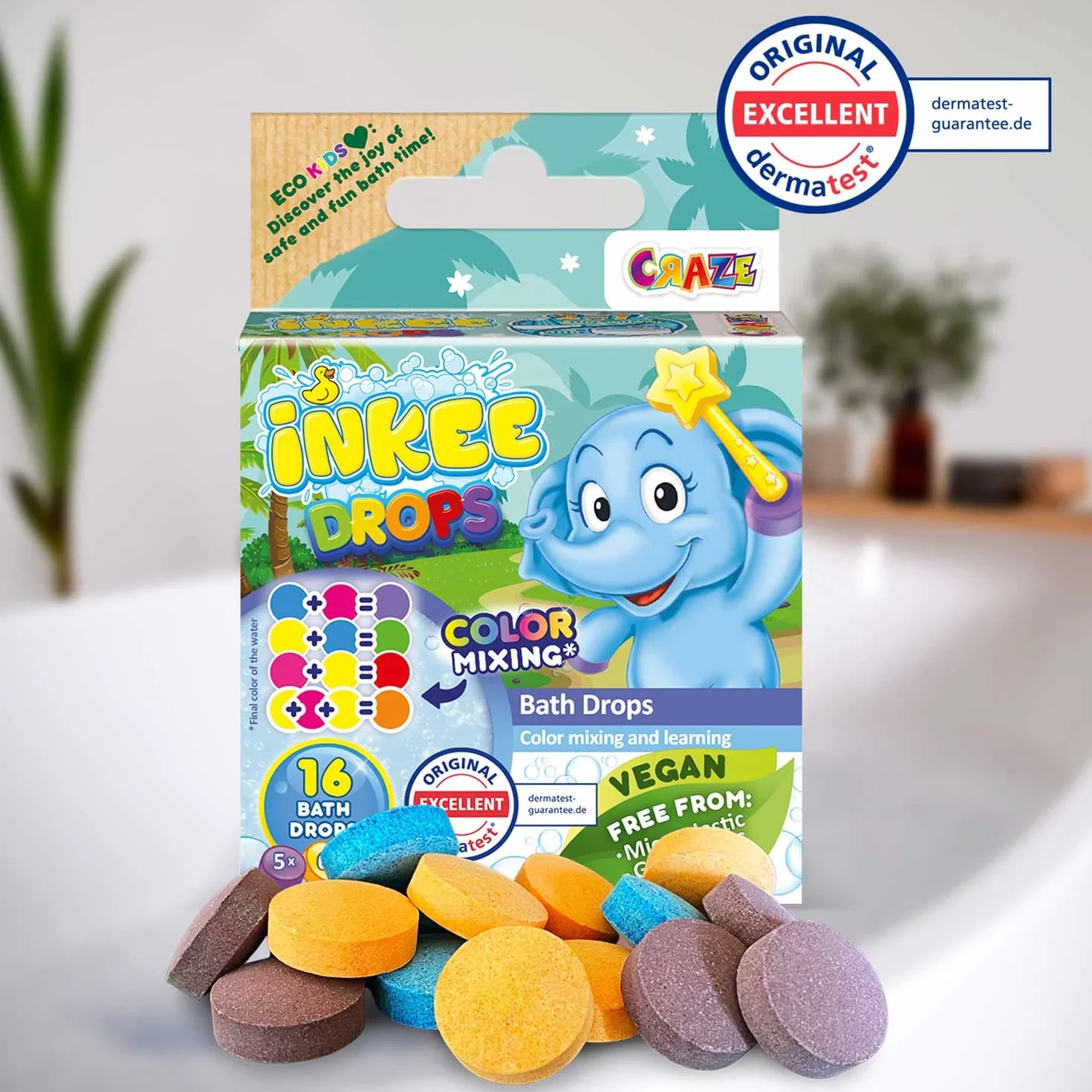 INKEE Bath Drops – 16 Tabletek do Kąpieli do Nauki Kolorów, Badefarby do Wanny dla Dzieci – Kolorowe Tabletki do Kąpieli w Magenta, Żółtym i Niebieskim, 1 Opakowanie