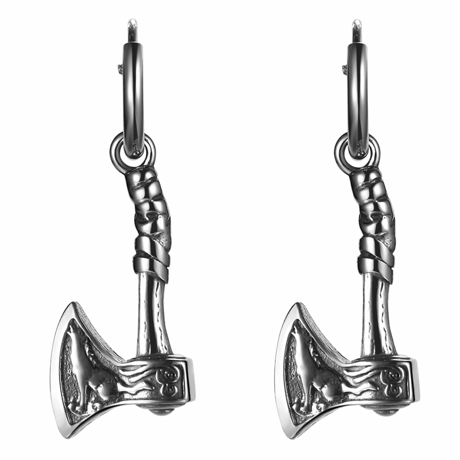 JewelryWe Kolczyki męskie z siekierą Wikingów, ze stali nierdzewnej, kolczyki kreolskie z motywem wilka w stylu vintage, amulet wikingów, siekiera, wiszące kolczyki dla mężczyzny, przyjaciela, srebrne