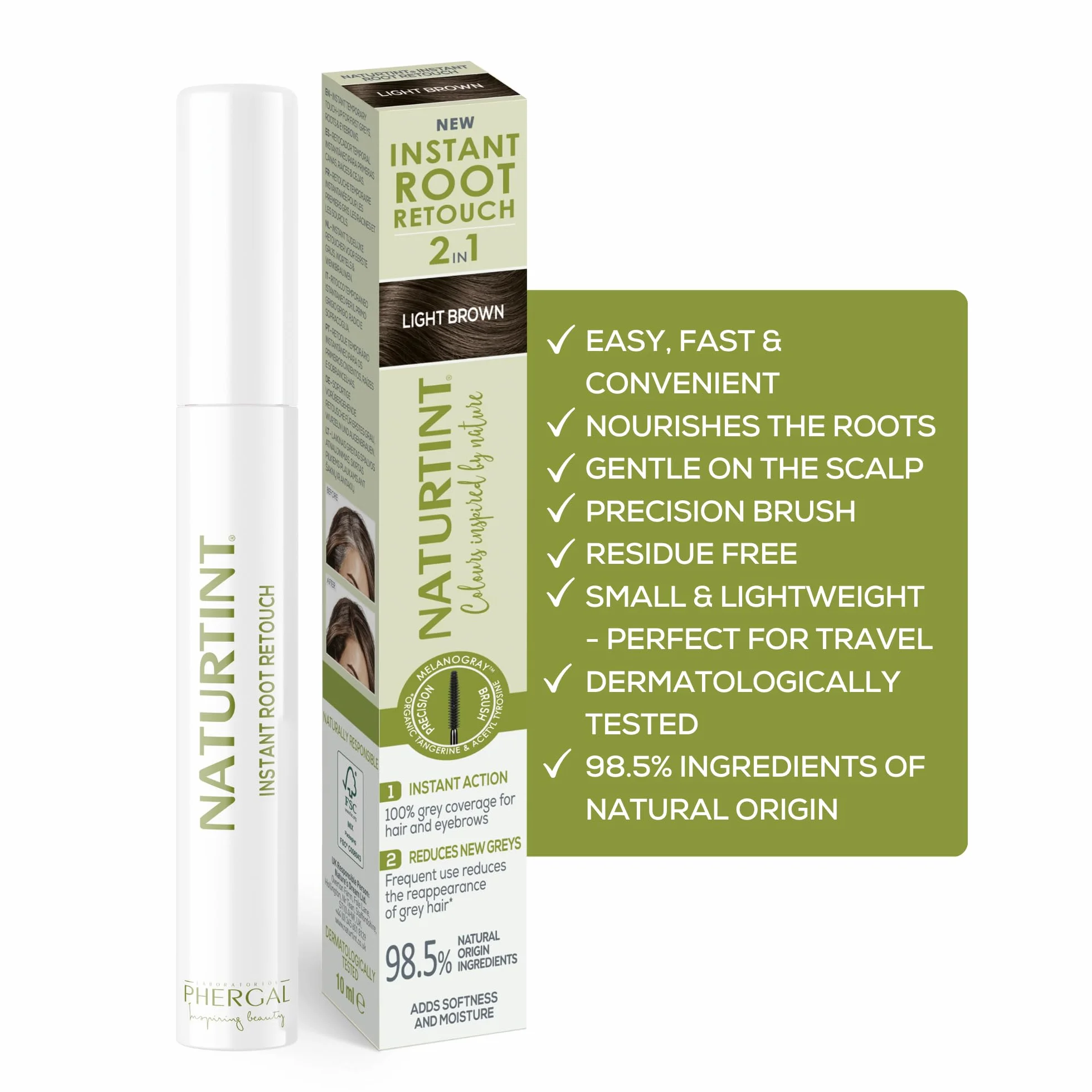 Naturtint | Instant Root Retouch | Tymczasowy retuszer do siwych włosów, korzeni i brwi | Praktyczny i wygodny dzięki pędzelkowi | 98,5% naturalnych składników | jasnobrązowy | 10 ml
