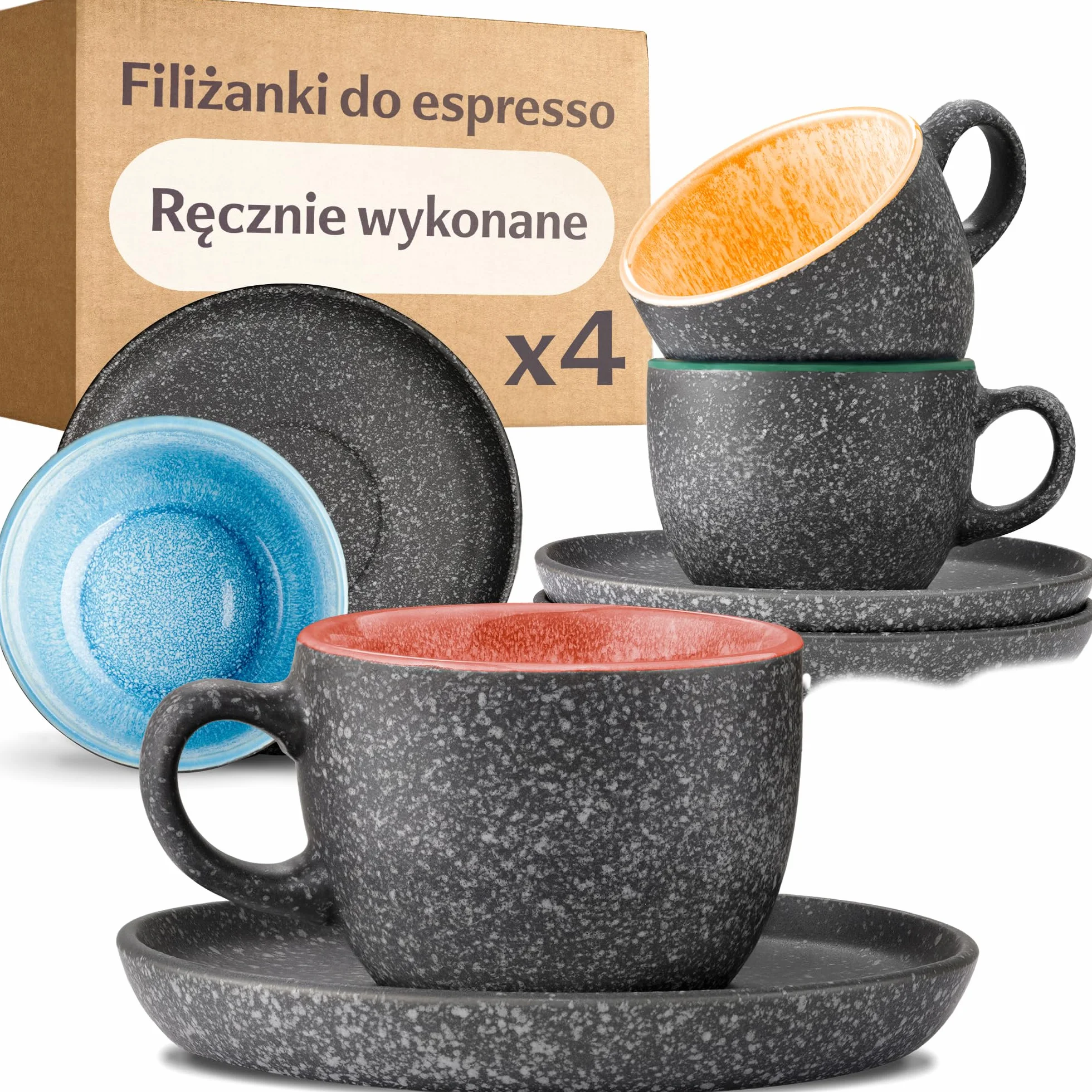 Cosumy Zestaw Filiżanek do Espresso 4 x 90 ml / 3 uncji - Ceramiczne z Talerzykami – Grube Kamionkowe Naczynia z Reaktywnym Szkliwem Ręcznym - Długie Utrzymanie Ciepła (Kolorowy)