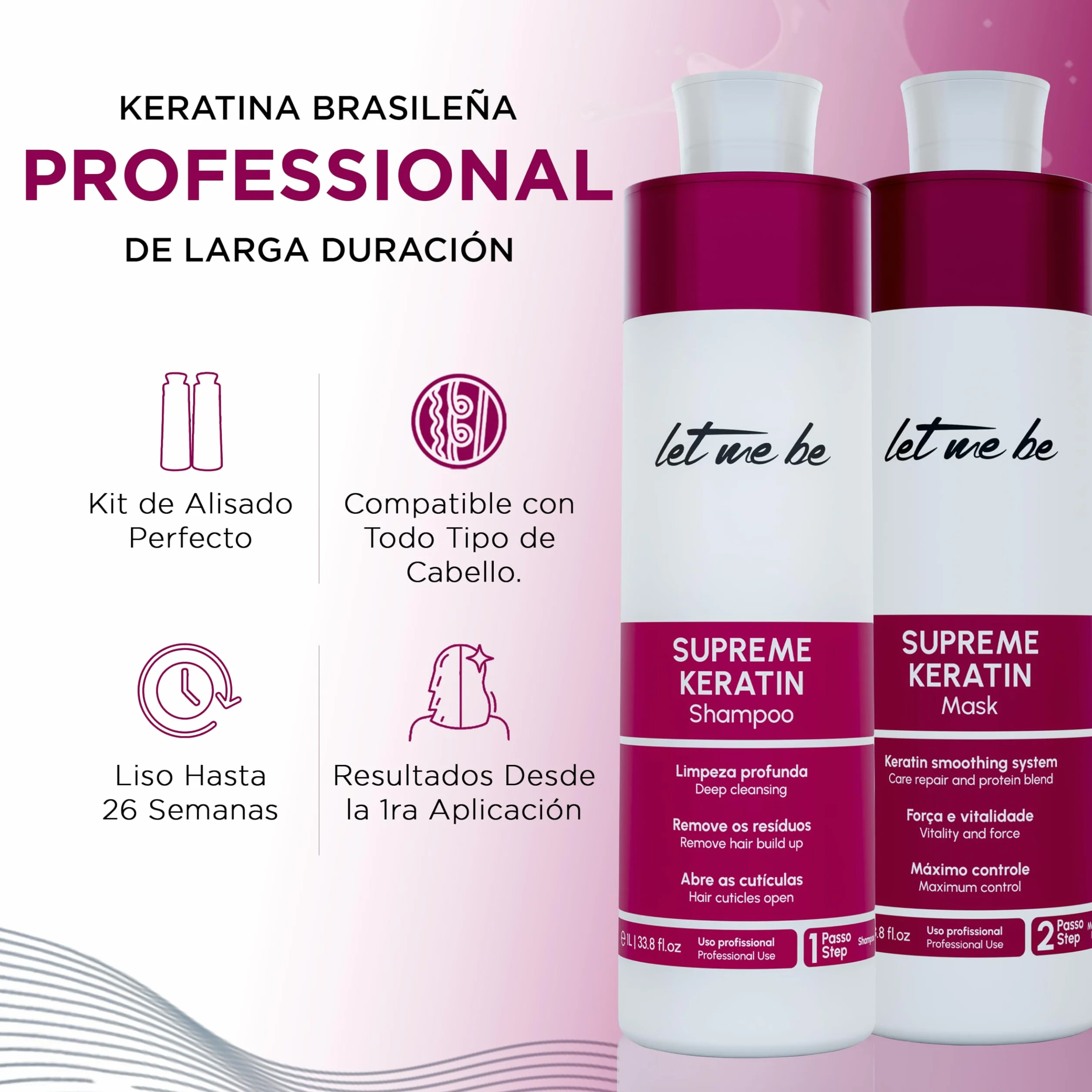 Let Me Be - Zestaw do prostowania keratyny Supremeliss Mask, 2 w 1, szampon i maska ​​zapobiegająca osadzaniu się osadów, głębokie czyszczenie i 100% brazylijskie prostowanie, długotrwałe (2x500ml)