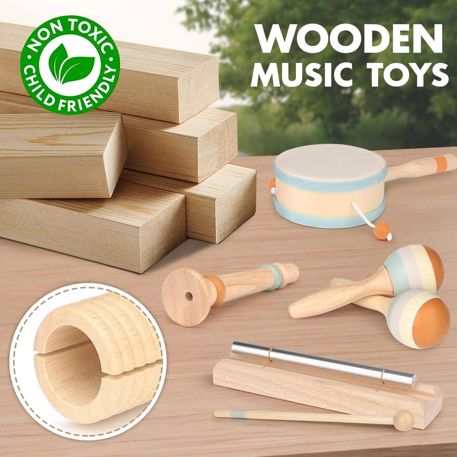 Vanplay Instrumenty muzyczne dla dzieci, zabawka drewniana, zabawka Montessori, bęben dla dzieci, zabawka muzyczna