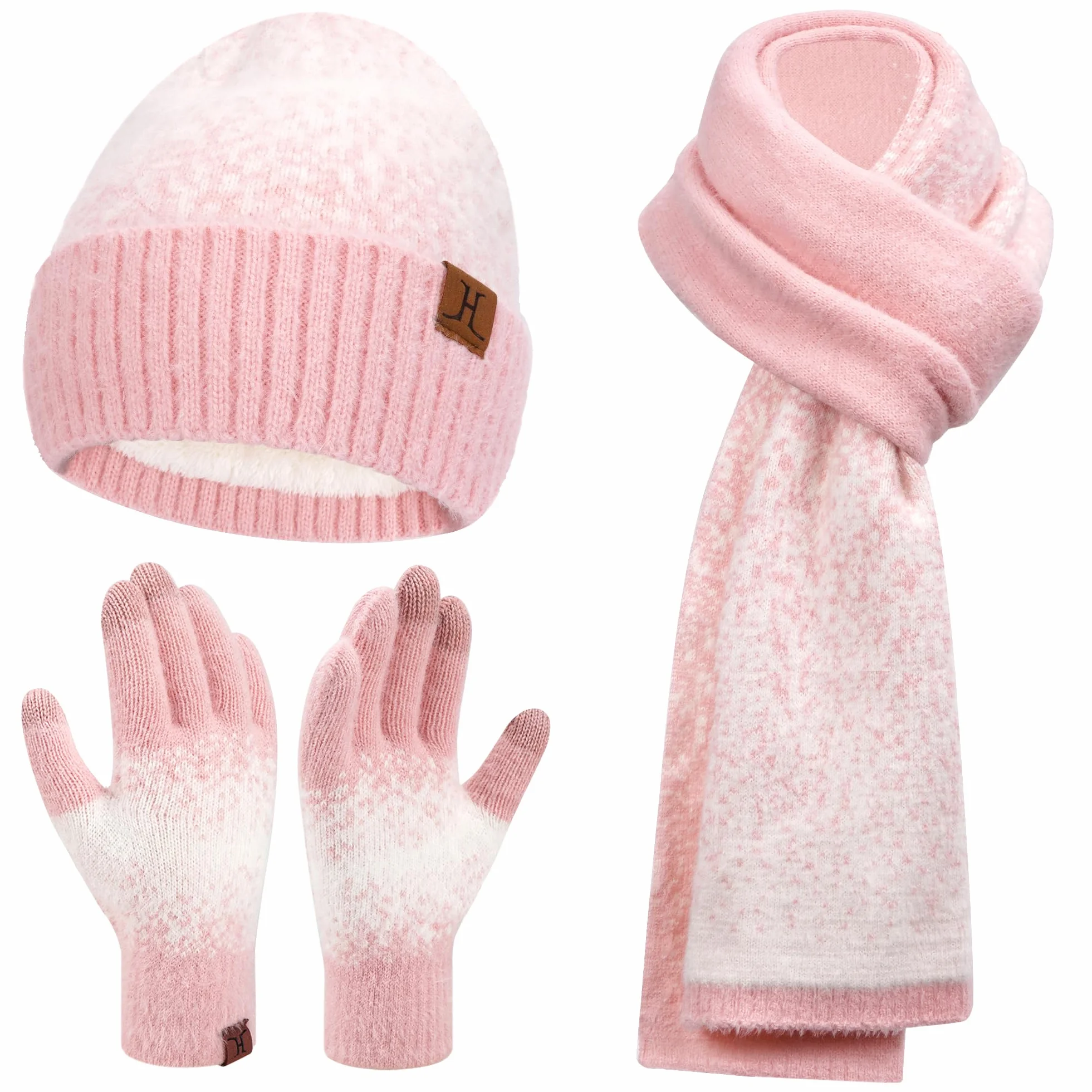 Bequemer Laden Damska zimowa czapka beanie, rękawiczki i szalik z podszewką polarową, ciepła czapka zimowa, rękawiczki zimowe, długi szal, różowy biały, jeden rozmiar